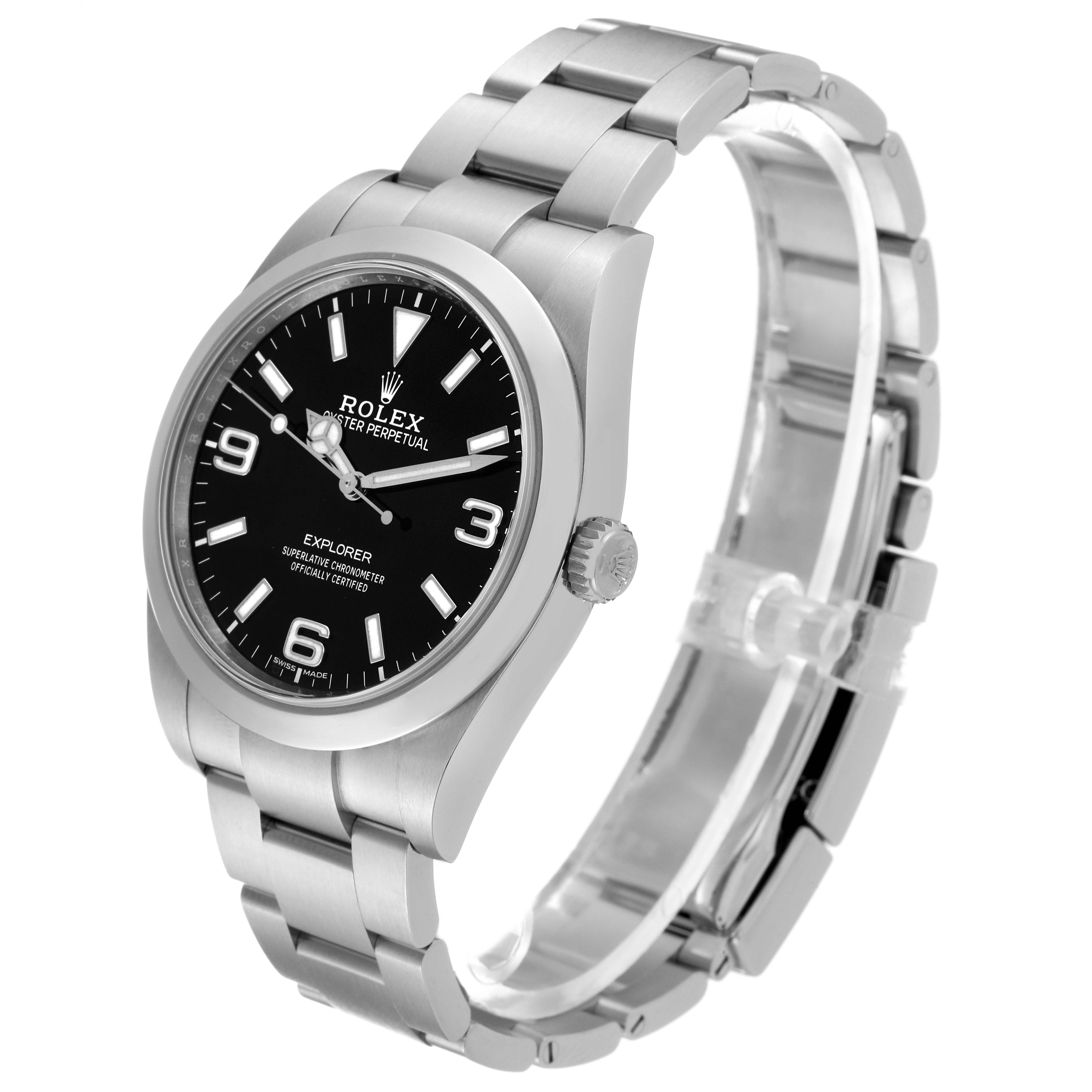 This image shows a Rolex Explorer 214270 Men's Stainless Steel Black Dial 214270 Men's Stainless Steel Black Dial watch at a slight angle, highlighting the dial, crown, and bracelet.