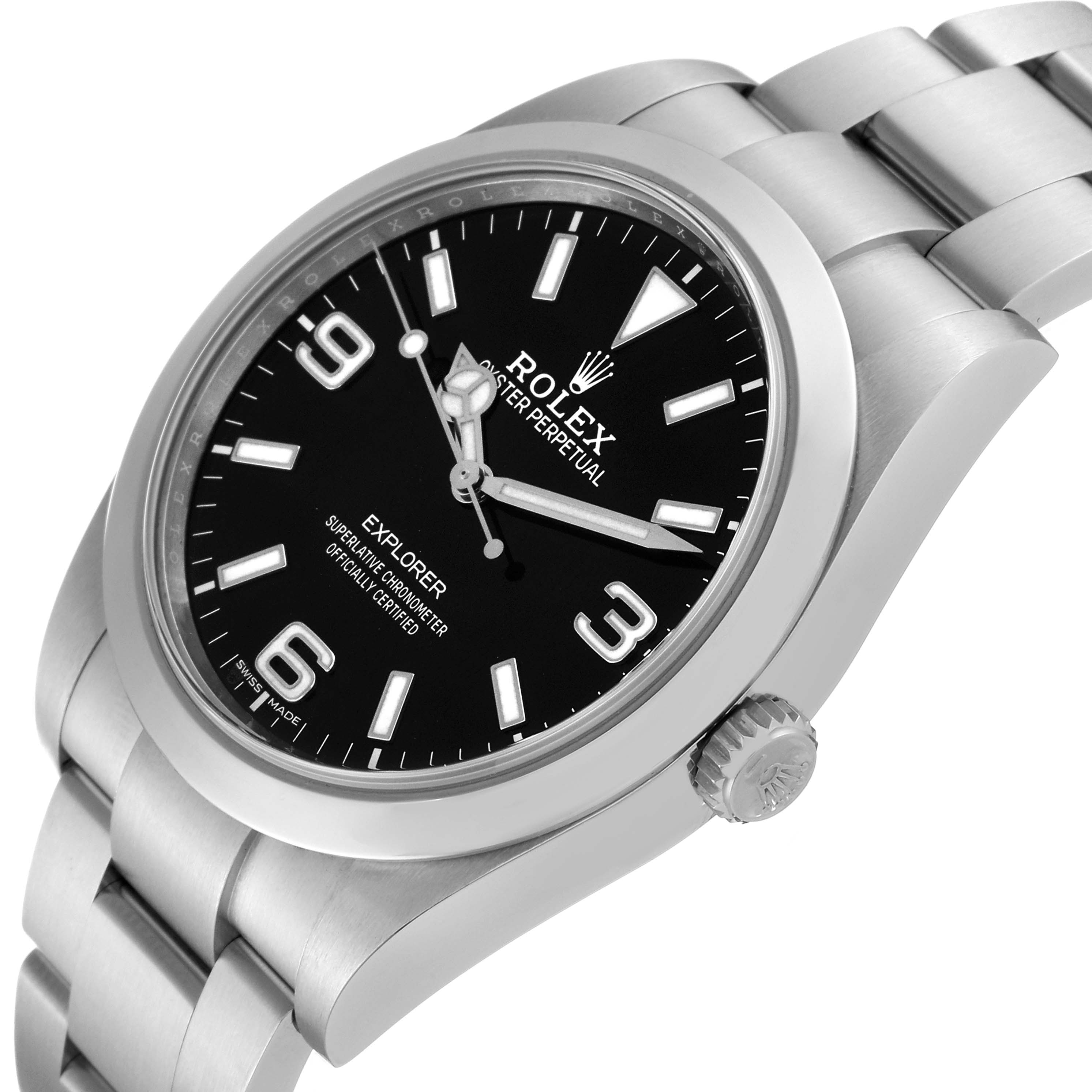 This image shows a Rolex Explorer 214270 Men's Stainless Steel Black Dial 214270 Men's Stainless Steel Black Dial watch at an angled view, displaying the face, crown, and part of the bracelet.
