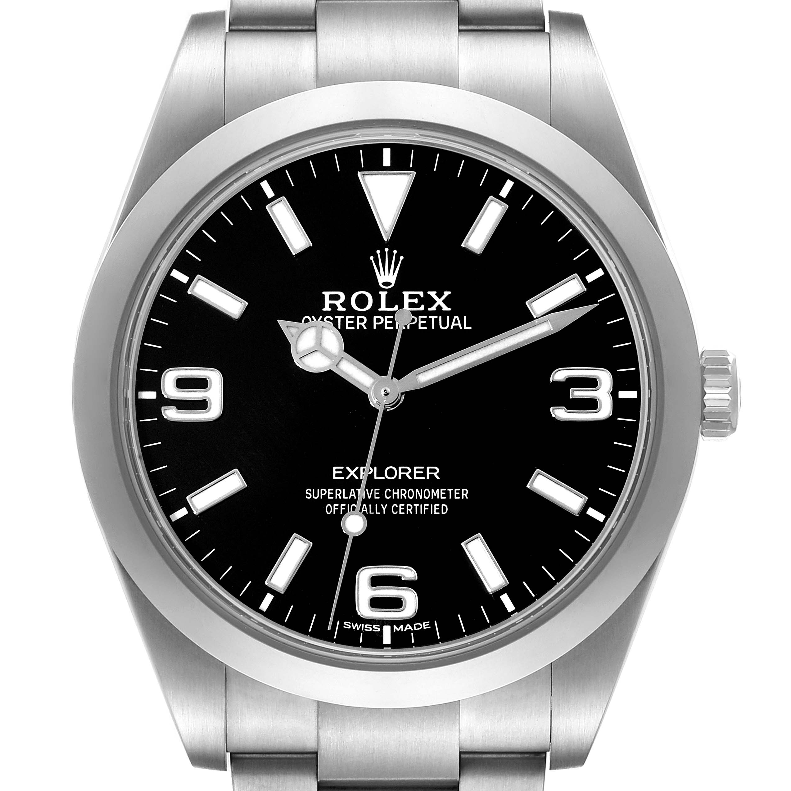 The image shows a front view of a Rolex Explorer 214270 Men's Stainless Steel Black Dial 214270 Men's Stainless Steel Black Dial watch, highlighting its black dial, hour markers, hands, and stainless steel bracelet.