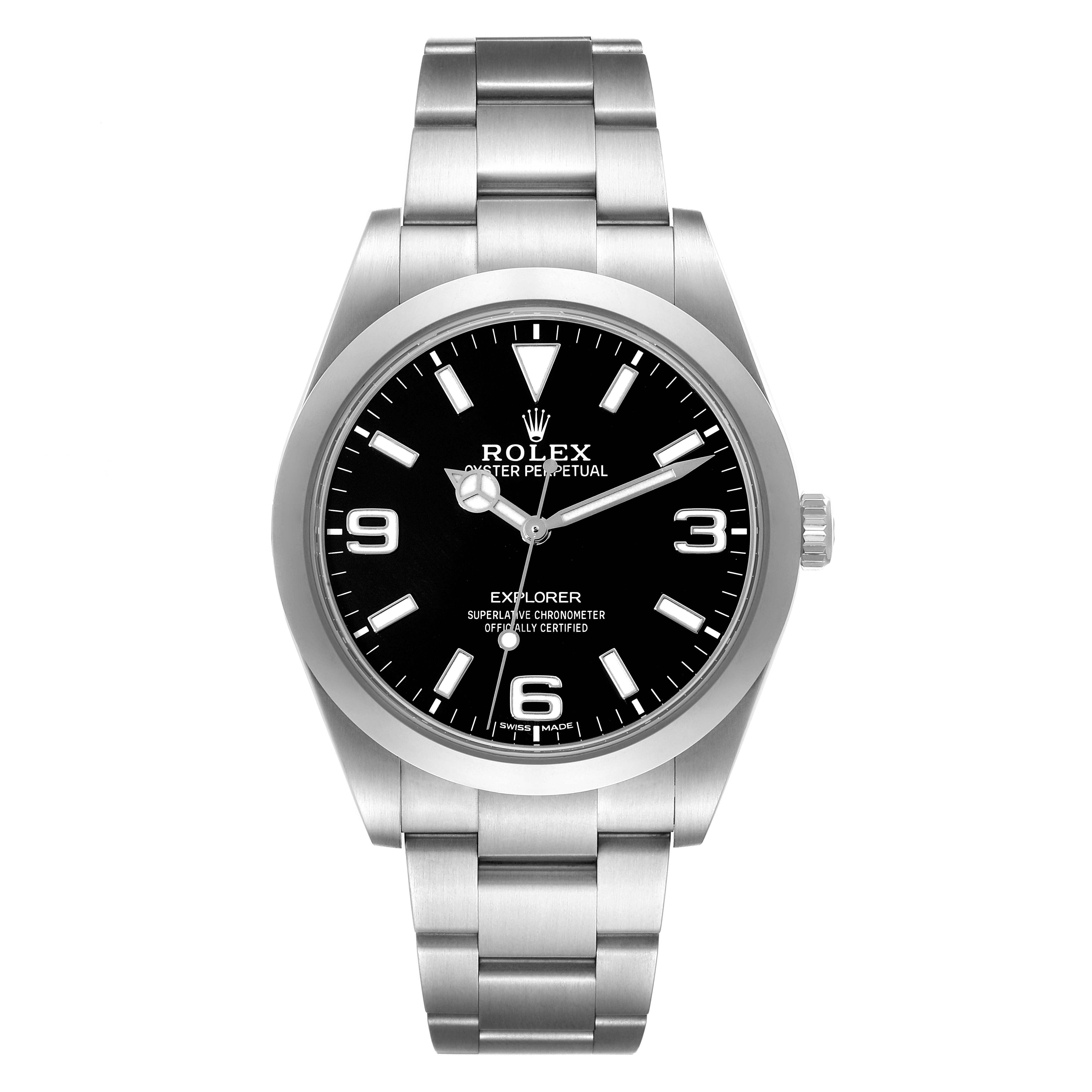 The image shows a Rolex Explorer 214270 Men's Stainless Steel Black Dial 214270 Men's Stainless Steel Black Dial watch, featuring its full face, bezel, and stainless steel bracelet from a front angle.