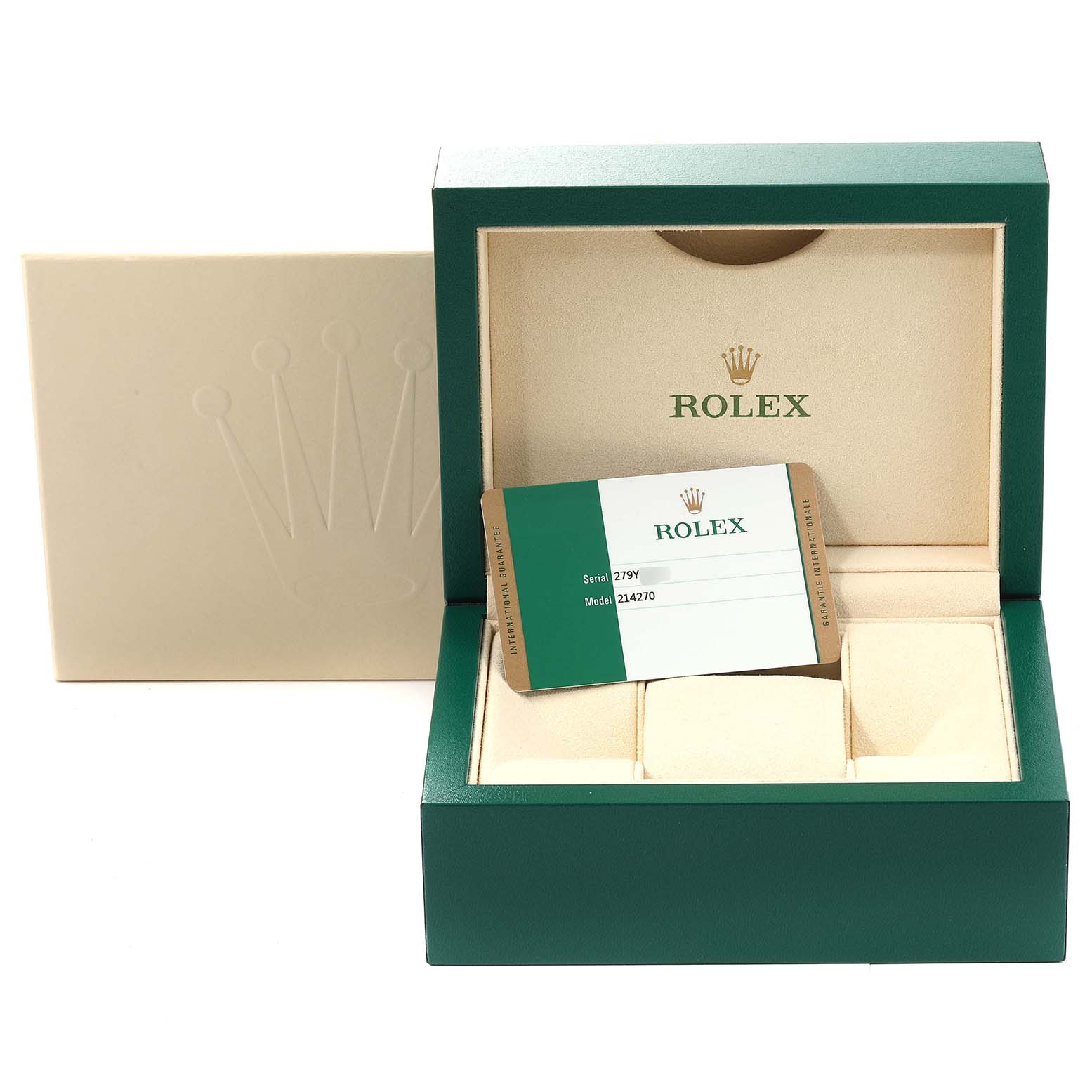 The image shows a green Rolex Explorer 214270 Men's Stainless Steel Black Dial 214270 Men's Stainless Steel Black Dial model 214270 watch box, its beige interior, and a warranty card.