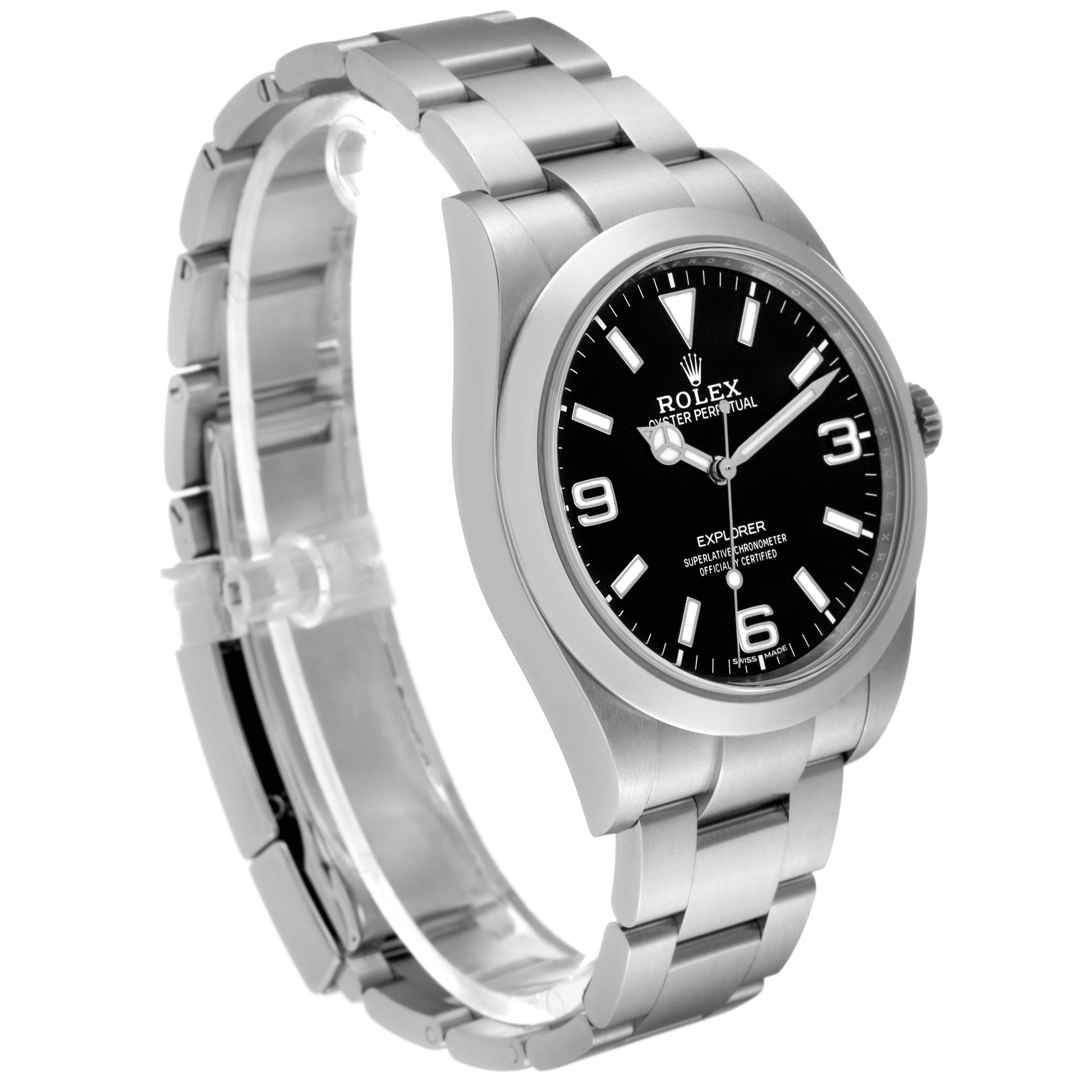 The image shows a side angle of the Rolex Explorer 214270 Men's Stainless Steel Black Dial 214270 Men's Stainless Steel Black Dial watch, highlighting its bracelet, clasp, and black dial.