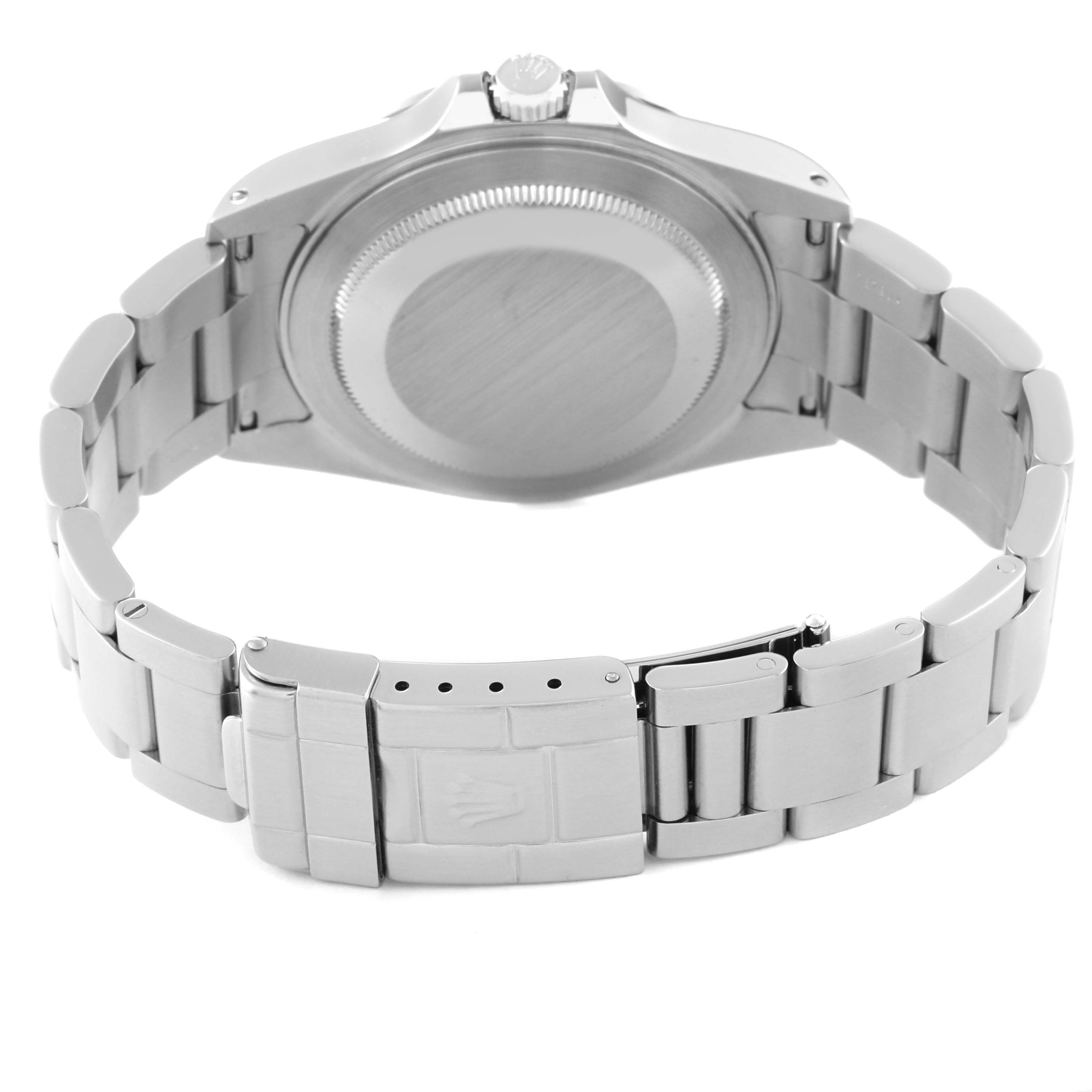 This image shows the back and clasp of the Rolex Explorer 16570 Men's Stainless Steel White Dial 16570 Men's Stainless Steel White Dial watch, highlighting its stainless steel bracelet and case back.