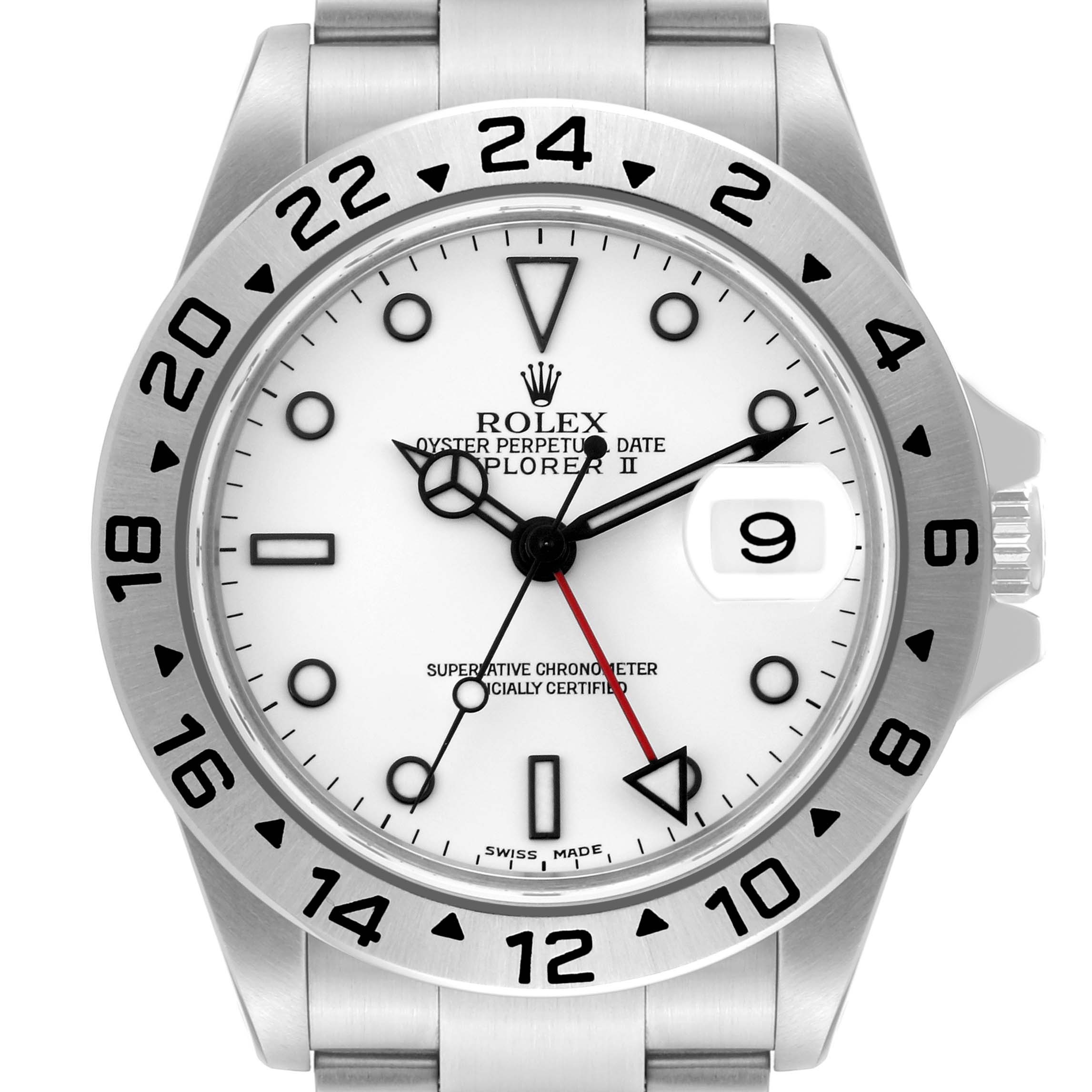 The image shows a frontal view of a Rolex Explorer 16570 Men's Stainless Steel White Dial 16570 Men's Stainless Steel White Dial watch, highlighting its white dial, date magnifier, and bezel with 24-hour markings.