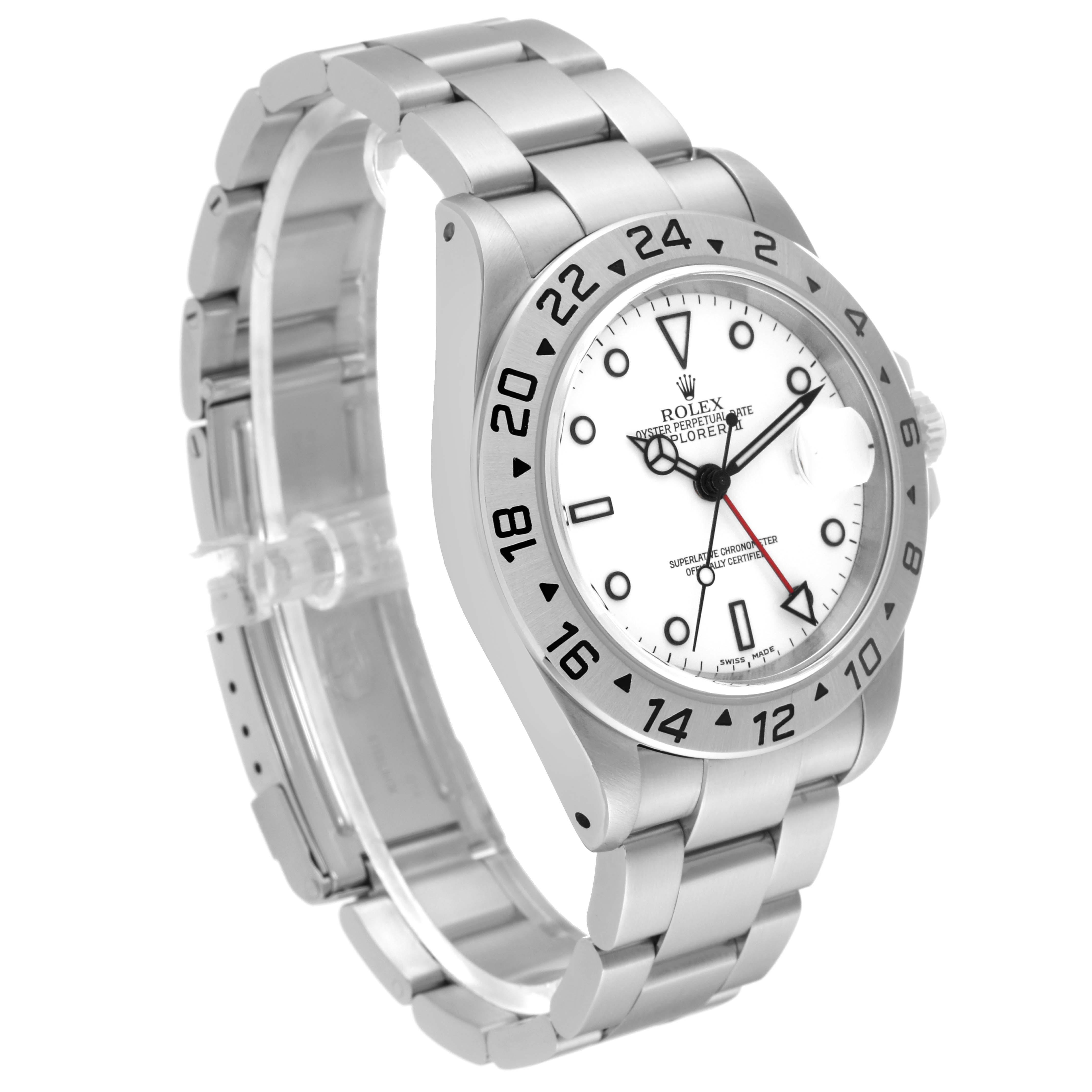 The Rolex Explorer 16570 Men's Stainless Steel White Dial 16570 Men's Stainless Steel White Dial watch is shown at an angle displaying the full dial, bezel, case, and bracelet.