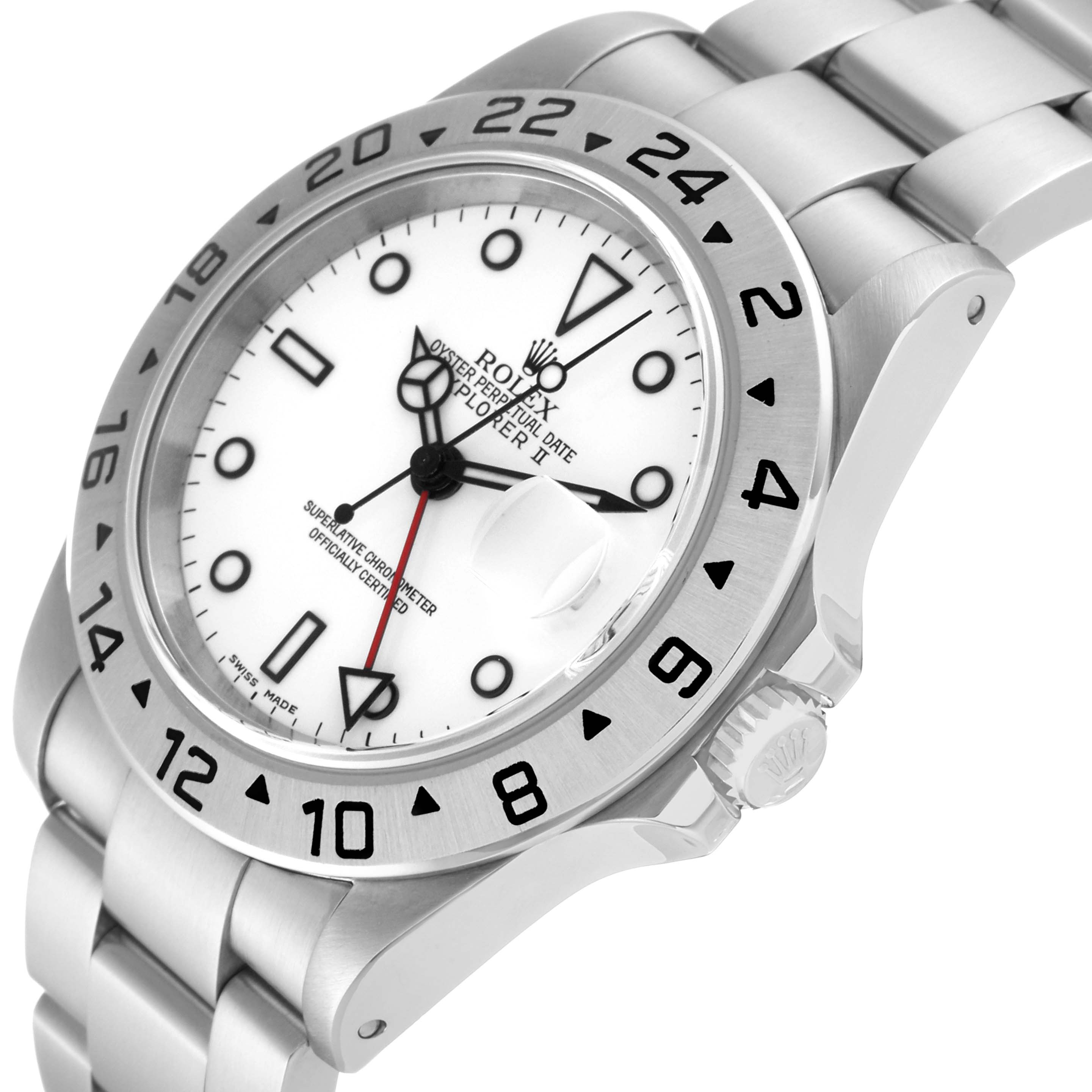 This image shows a side-angle view of the Rolex Explorer 16570 Men's Stainless Steel White Dial 16570 Men's Stainless Steel White Dial watch, focusing on the bezel, dial, and part of the bracelet.