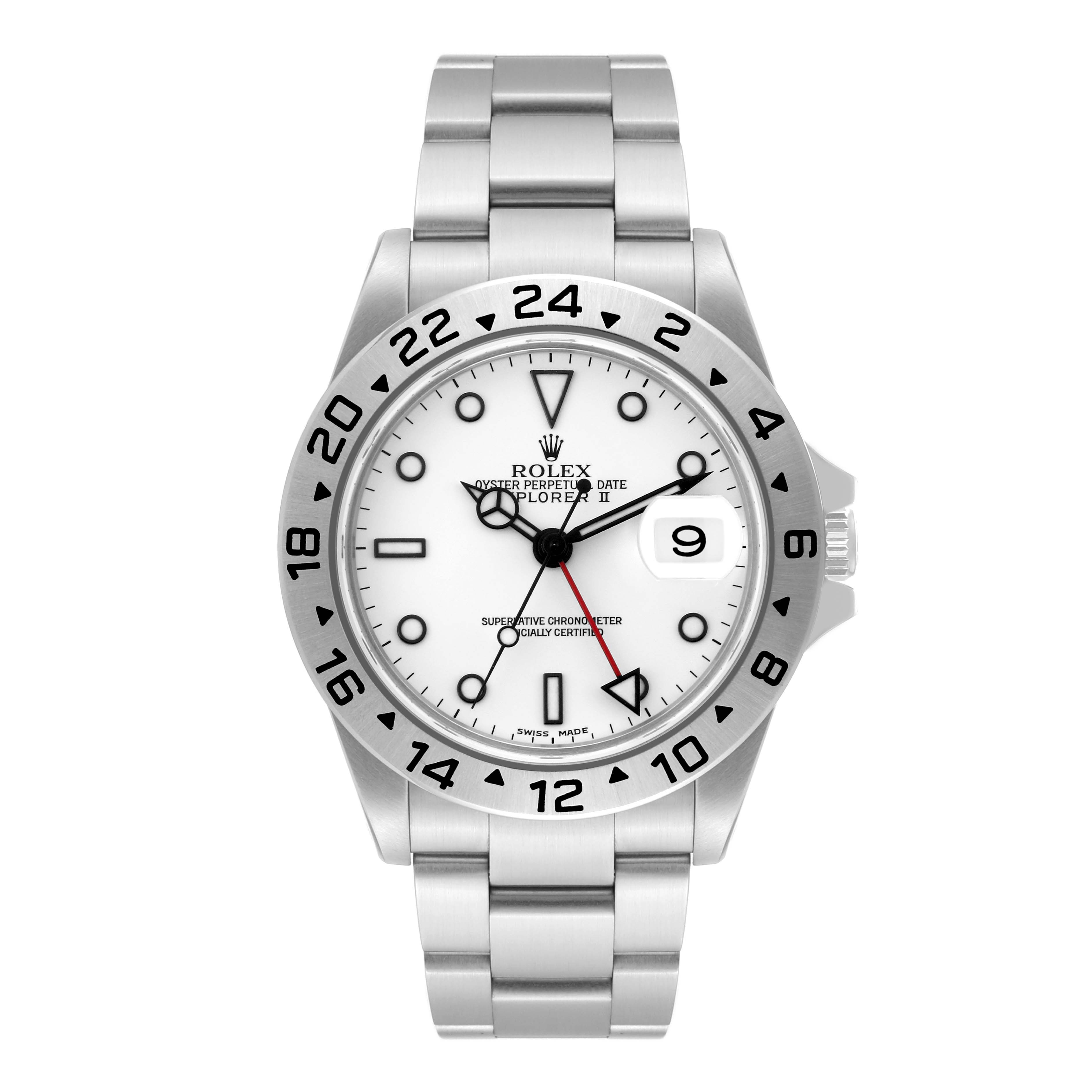 The image shows a front-facing Rolex Explorer 16570 Men's Stainless Steel White Dial 16570 Men's Stainless Steel White Dial watch with a white dial and stainless steel bracelet.