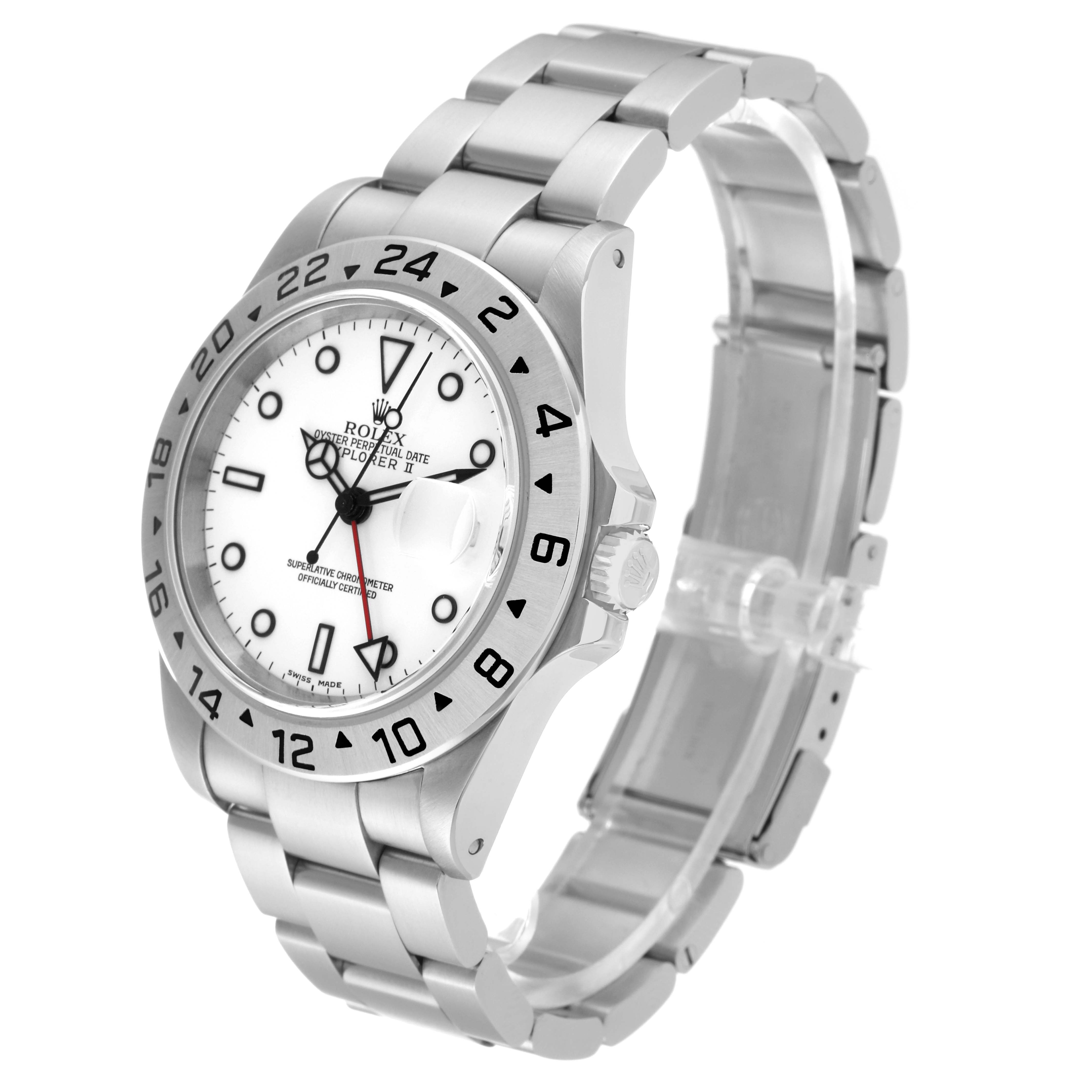 The Rolex Explorer 16570 Men's Stainless Steel White Dial 16570 Men's Stainless Steel White Dial watch is shown at a three-quarter angle, displaying the dial, case, bezel, and bracelet.