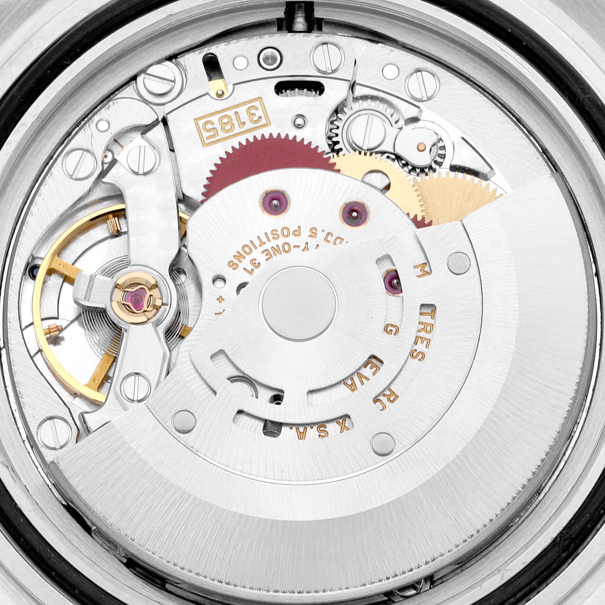 The image shows the internal movement mechanics of a Rolex Explorer 16570 Men's Stainless Steel White Dial 16570 Men's Stainless Steel White Dial model watch from a close-up, top-down angle.