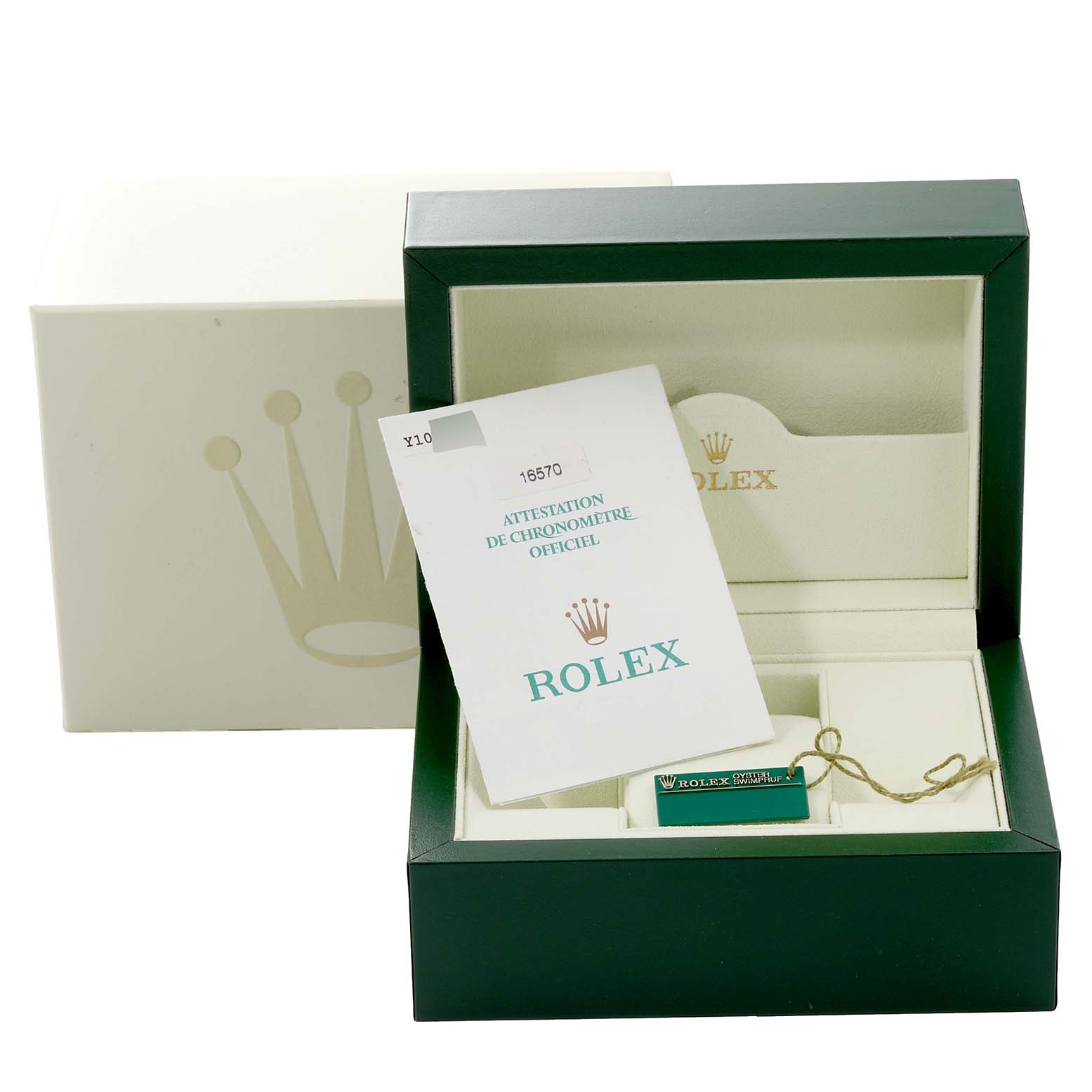 The image shows the packaging, a certificate, and a tag for a Rolex Explorer 16570 Men's Stainless Steel White Dial 16570 Men's Stainless Steel White Dial model watch.