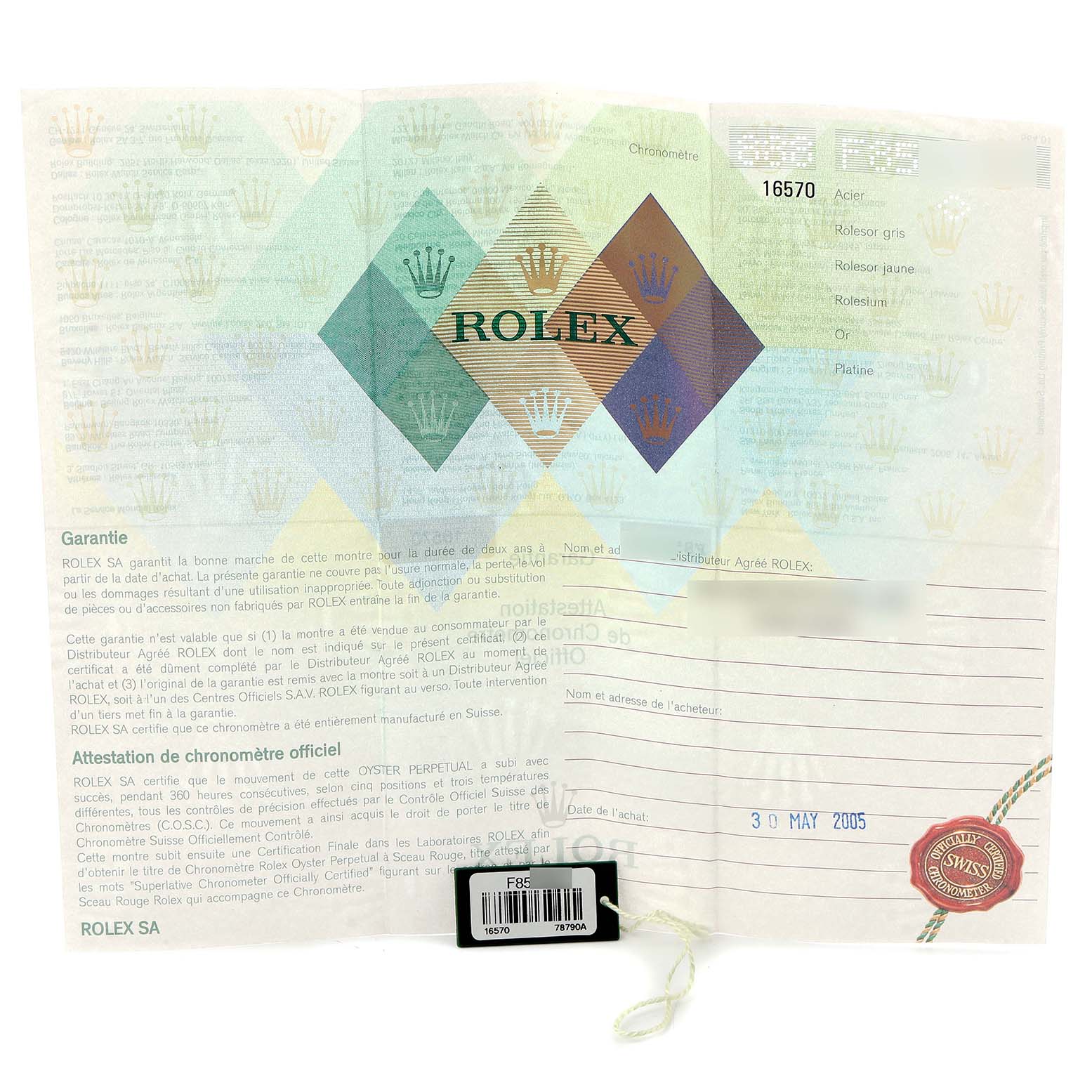 The image shows documentation and a tag for the Rolex Explorer 16570T Men's Stainless Steel Black Dial 16570T Men's Stainless Steel Black Dial model, featuring warranty and details.