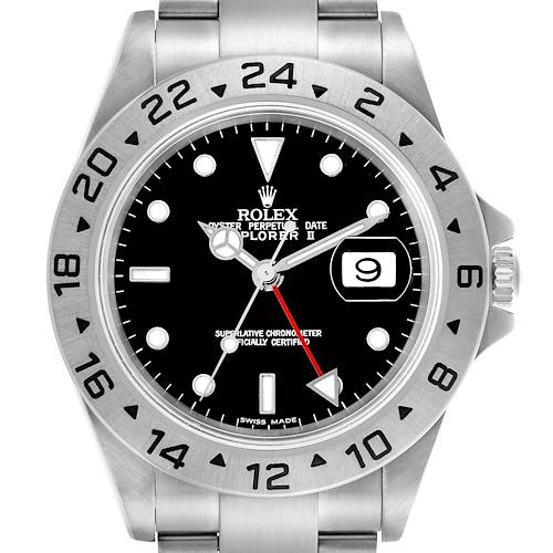 The Rolex Explorer model is shown from a front angle, highlighting the bezel, dial, hands, and bracelet.