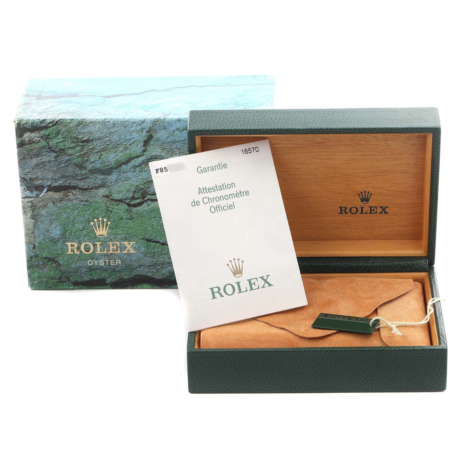 The image shows the packaging box, an open wooden case, and a certificate for a Rolex Explorer 16570T Men's Stainless Steel Black Dial 16570T Men's Stainless Steel Black Dial watch model.