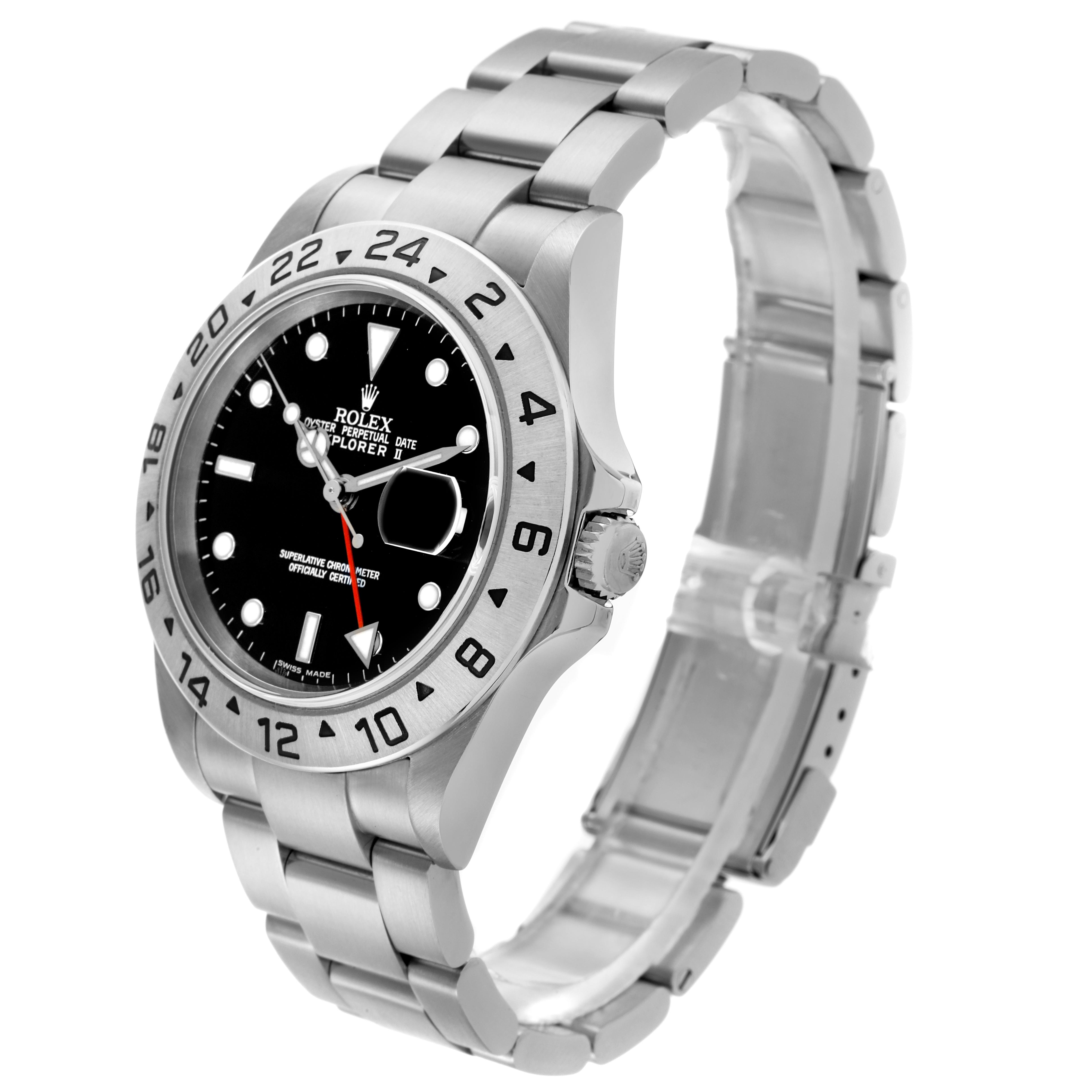 The Rolex Explorer 16570T Men's Stainless Steel Black Dial 16570T Men's Stainless Steel Black Dial model watch is shown at a slight angle, displaying its face, bezel, and bracelet.