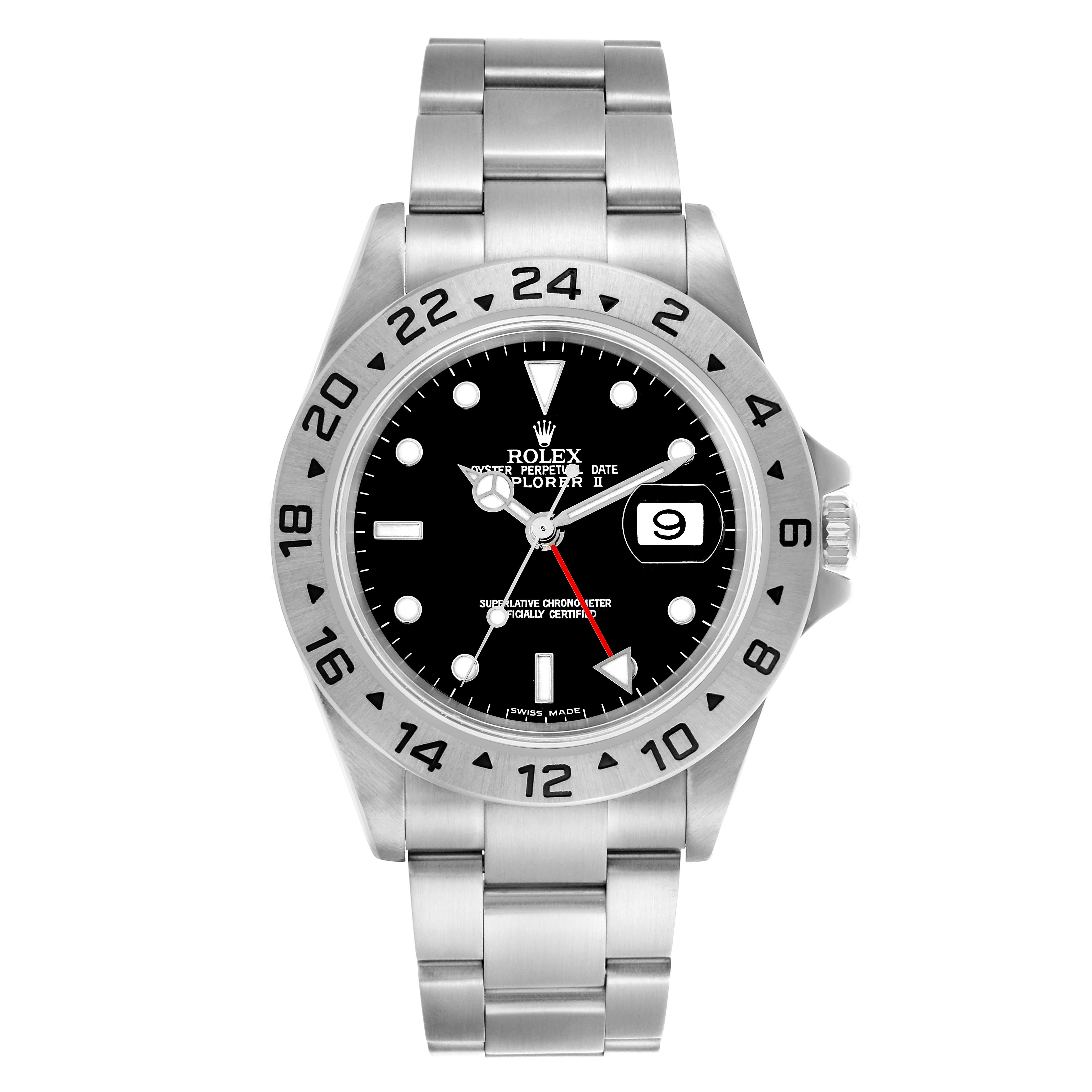 The Rolex Explorer 16570T Men's Stainless Steel Black Dial 16570T Men's Stainless Steel Black Dial watch is shown from a front view, displaying the dial, bezel, bracelet, and crown.