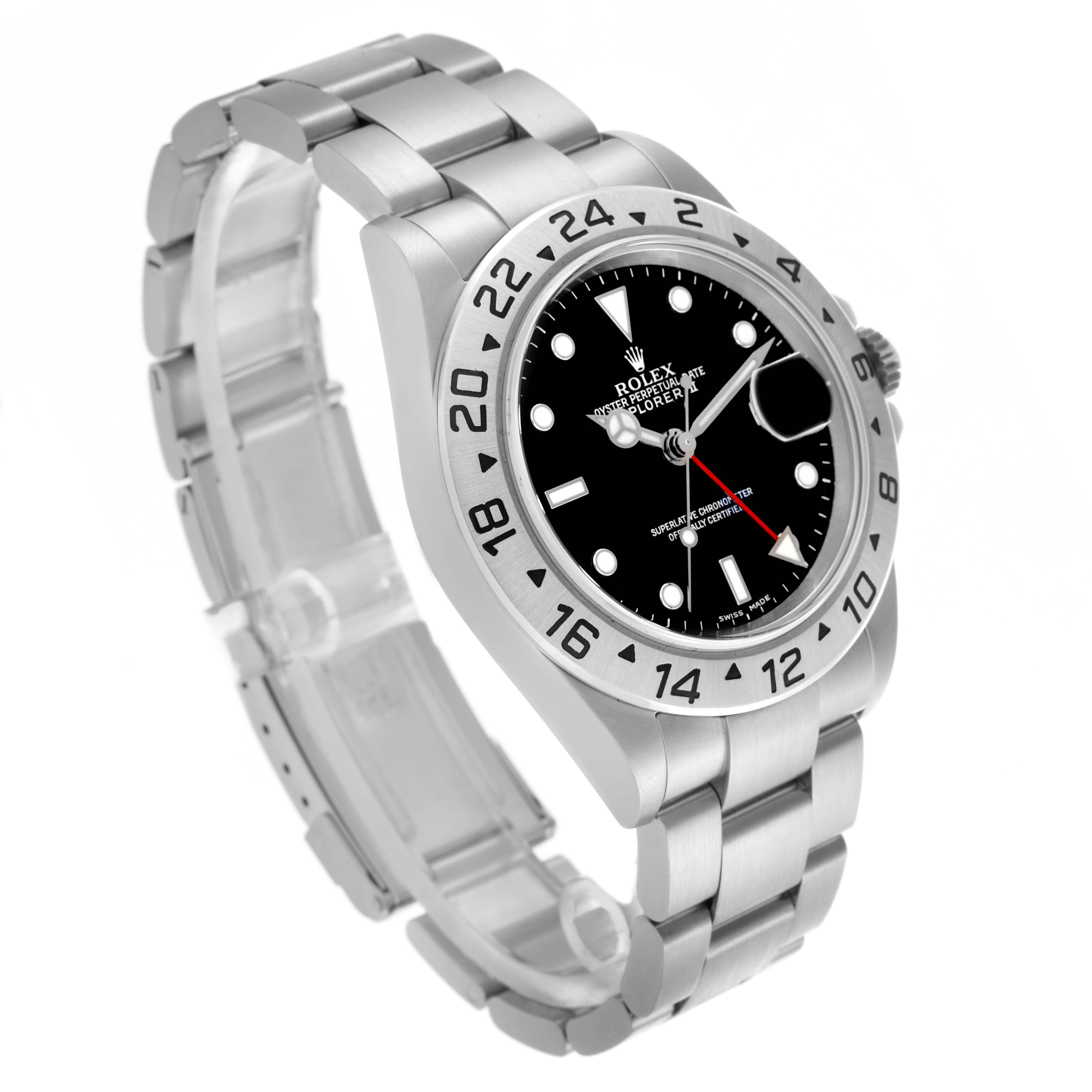 The Rolex Explorer 16570T Men
s Stainless Steel Black Dial 16570T Men
s Stainless Steel Black Dial is shown at a three-quarter angle, highlighting the bezel, dial, and bracelet.