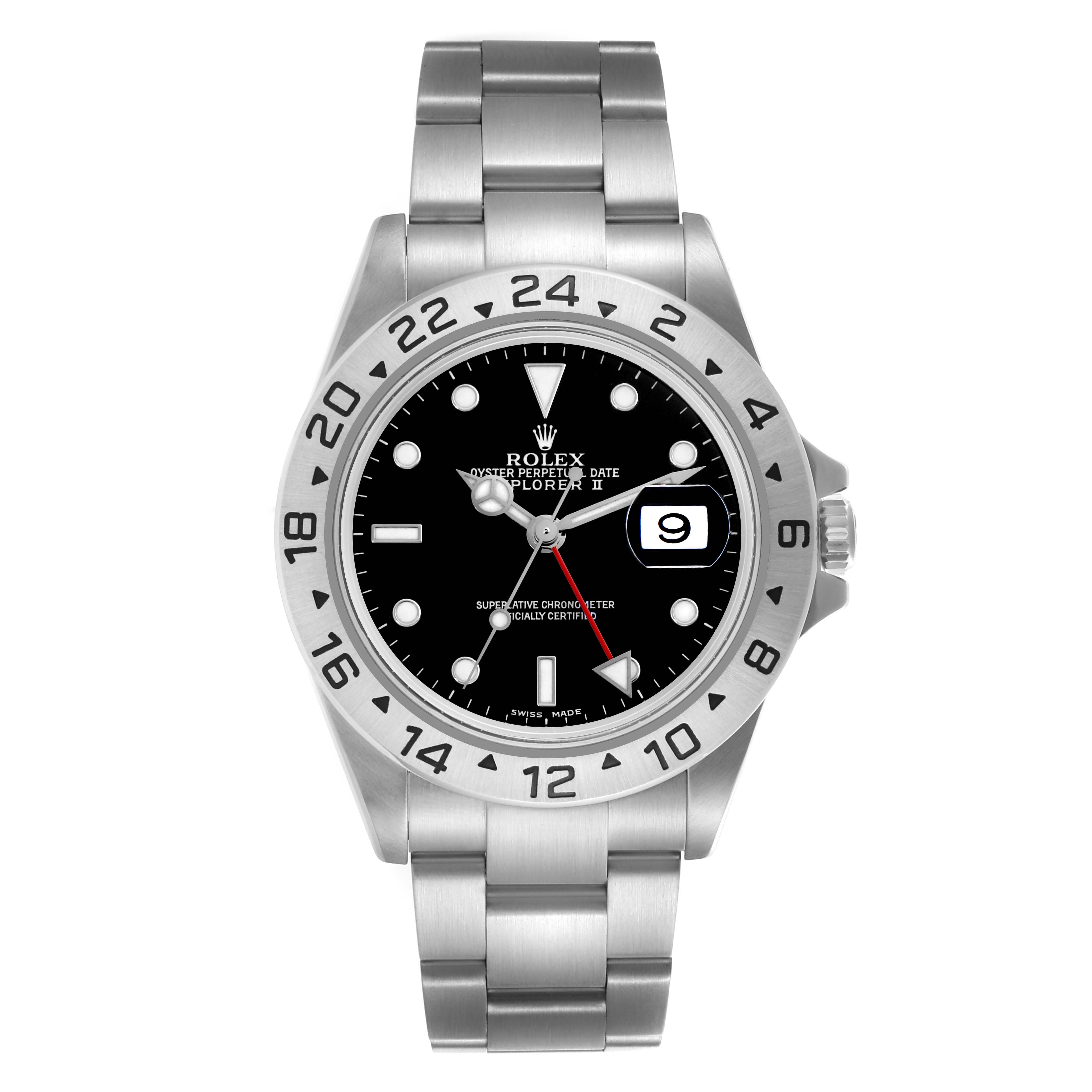 The image shows a front view of the Rolex Explorer 16570T Men
s Stainless Steel Black Dial 16570T Men
s Stainless Steel Black Dial watch, featuring its bezel, dial, hands, and bracelet.