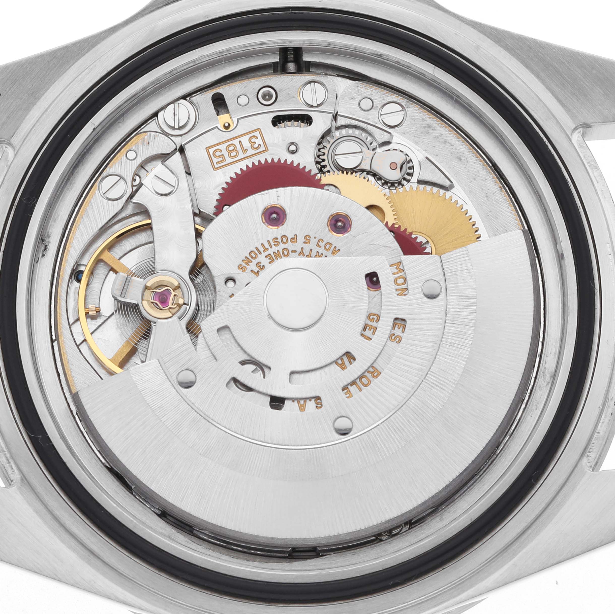 The image shows the inner mechanism of a Rolex Explorer 16570T Men
s Stainless Steel Black Dial 16570T Men
s Stainless Steel Black Dial watch from a rear angle, highlighting its intricate gears and rotor.