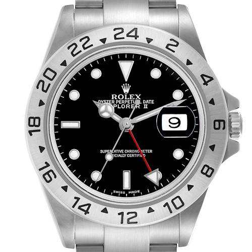 The Rolex Explorer watch is shown from the front, highlighting its dial, bezel, hands, and date window.