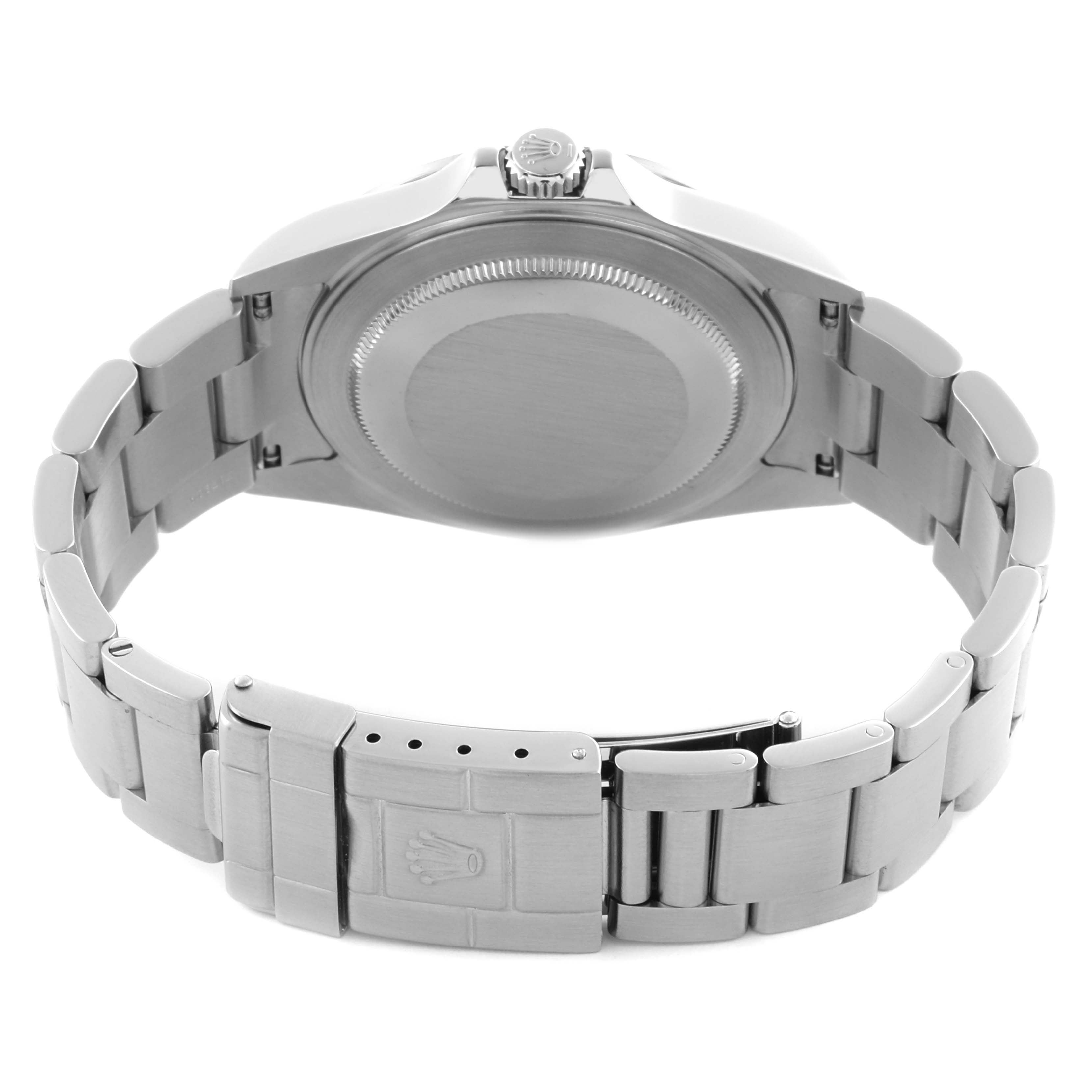 The image shows the back view of a Rolex Explorer 16570T Men
s Stainless Steel Black Dial 16570T Men
s Stainless Steel Black Dial, highlighting the clasp and bracelet.