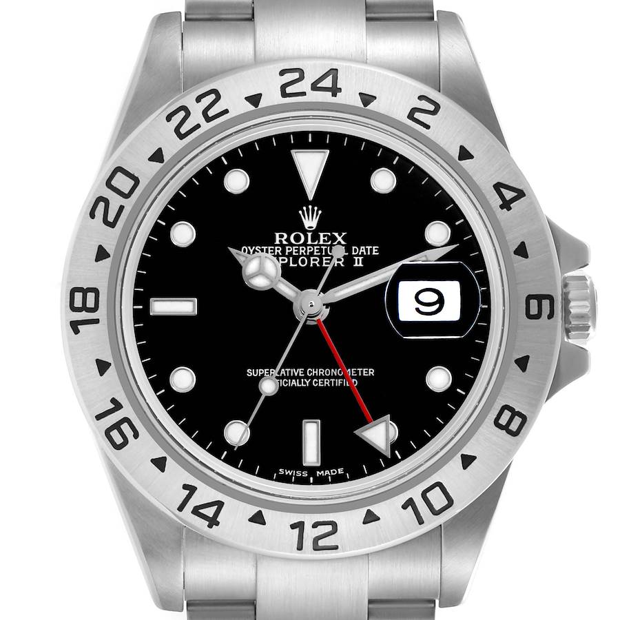 The image shows the Rolex Explorer II watch from a front angle, displaying the dial, hands, bezel, date window, and part of the bracelet.