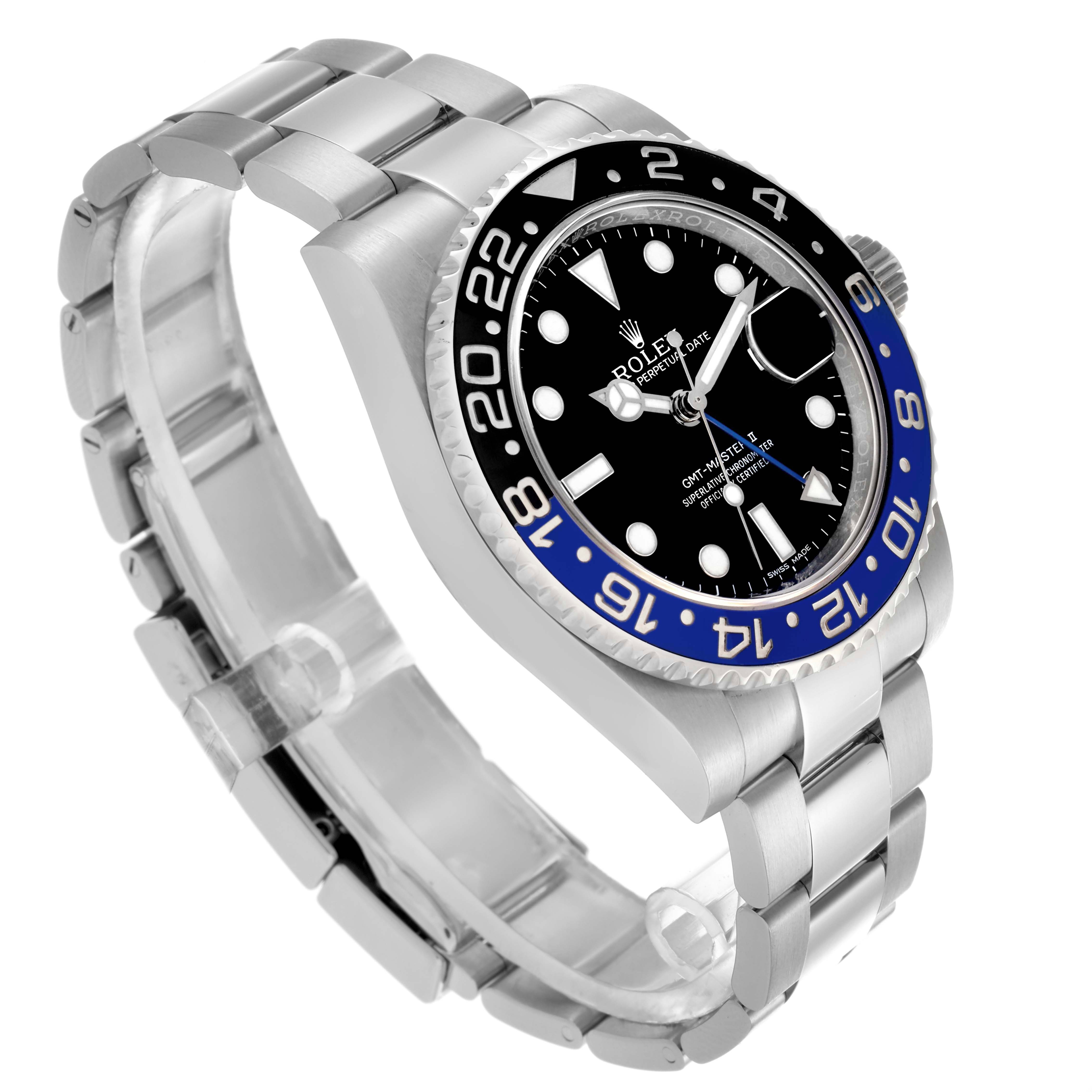 The Rolex GMT-Master 116710BLNR Men's Stainless Steel Black Dial 116710BLNR Men's Stainless Steel Black Dial watch is shown at a tilted angle, displaying the bezel, dial, case, and bracelet.