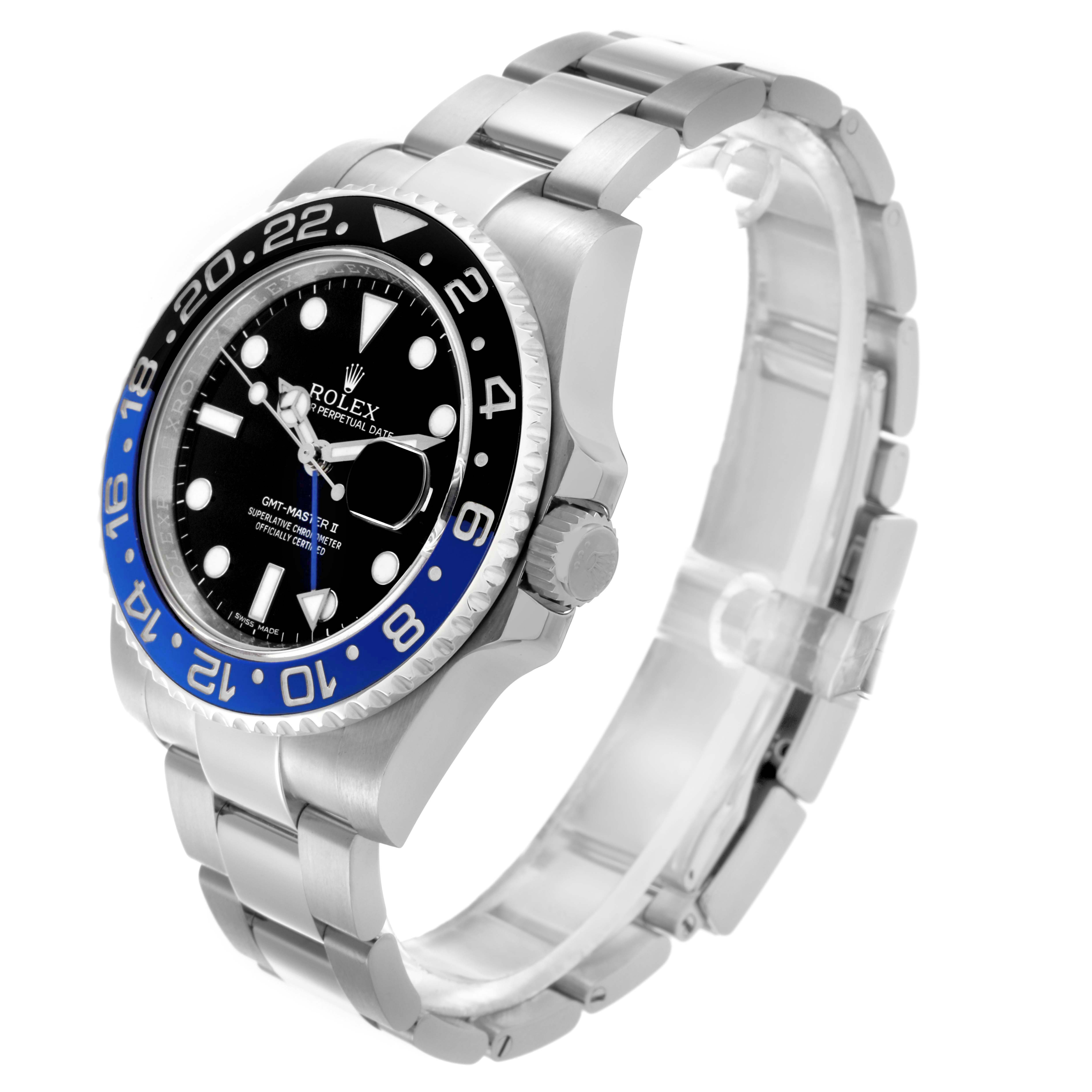 The Rolex GMT-Master 116710BLNR Men's Stainless Steel Black Dial 116710BLNR Men's Stainless Steel Black Dial watch is shown at an angled side view, displaying the face, bezel, and bracelet.
