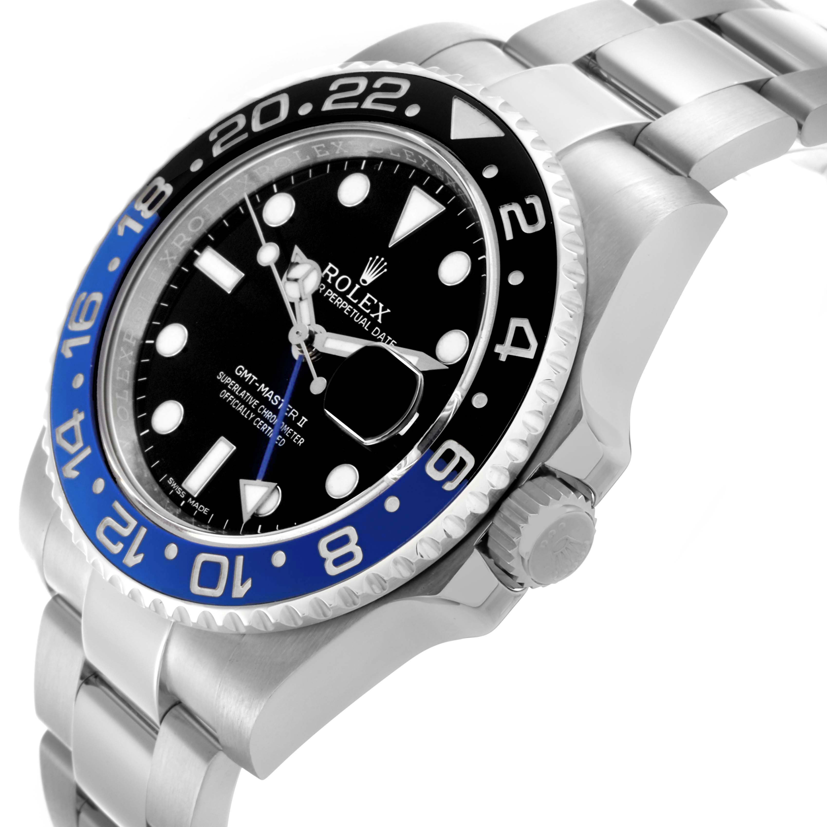 The Rolex GMT-Master 116710BLNR Men's Stainless Steel Black Dial 116710BLNR Men's Stainless Steel Black Dial model is shown at a three-quarter angle, displaying the bezel, dial, case, crown, and bracelet.