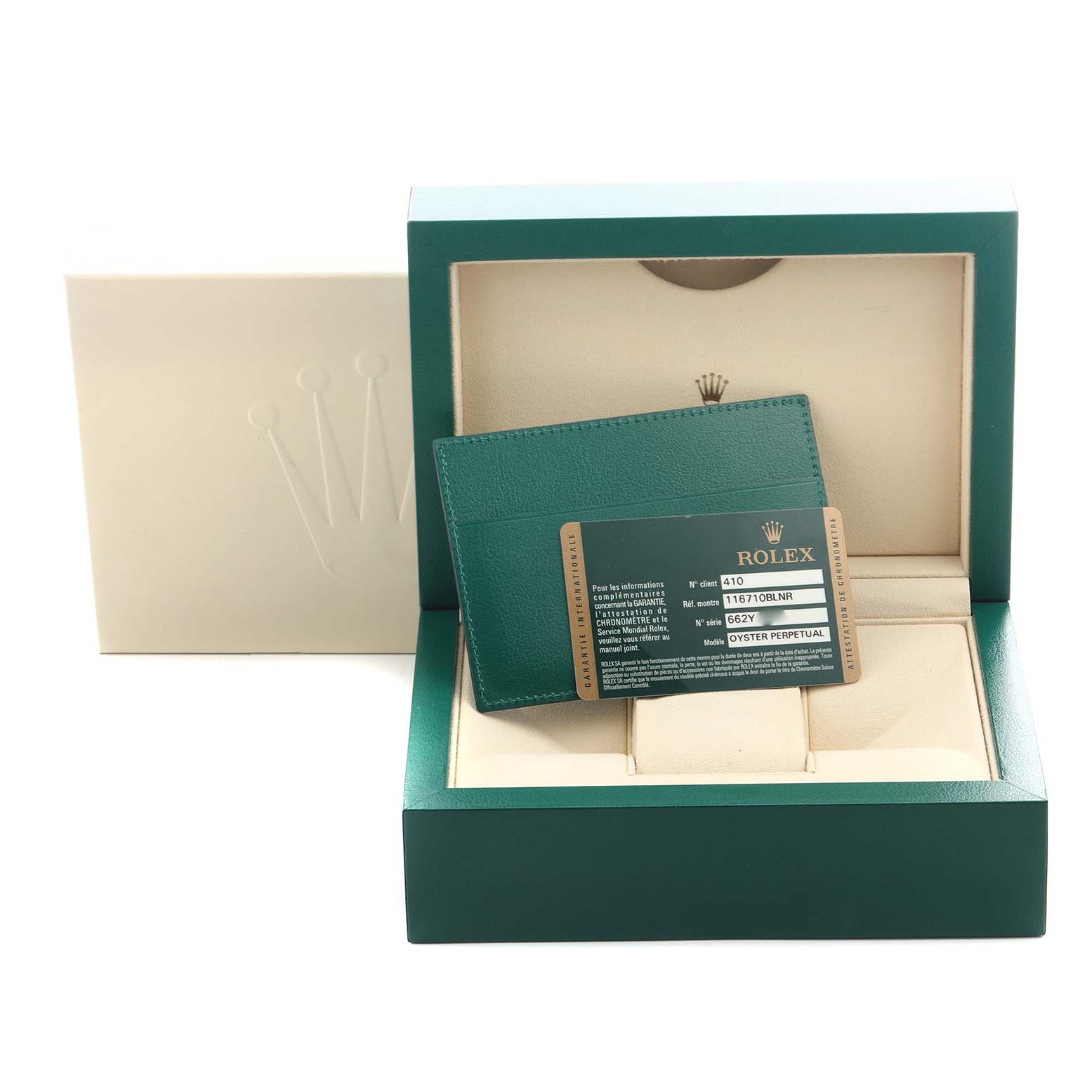 The image shows a Rolex GMT-Master 116710BLNR Men's Stainless Steel Black Dial 116710BLNR Men's Stainless Steel Black Dial watch box and cardholder, viewed from the front, along with warranty and certification documents.