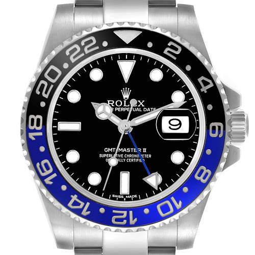 The image shows a front view of the Rolex GMT-Master II, highlighting the dial, bezel, and crown.