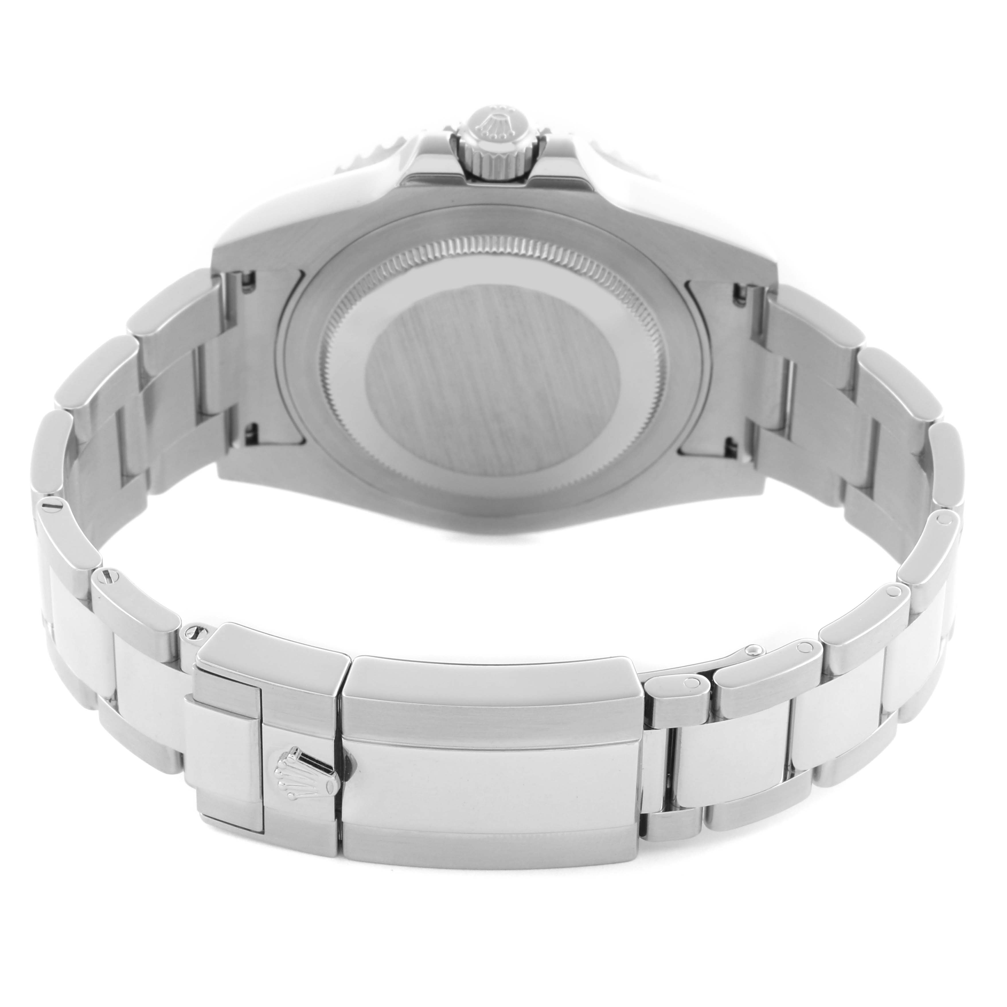 The image shows the back of the Rolex GMT-Master 116710BLNR Men's Stainless Steel Black Dial 116710BLNR Men's Stainless Steel Black Dial watch and its bracelet clasp.