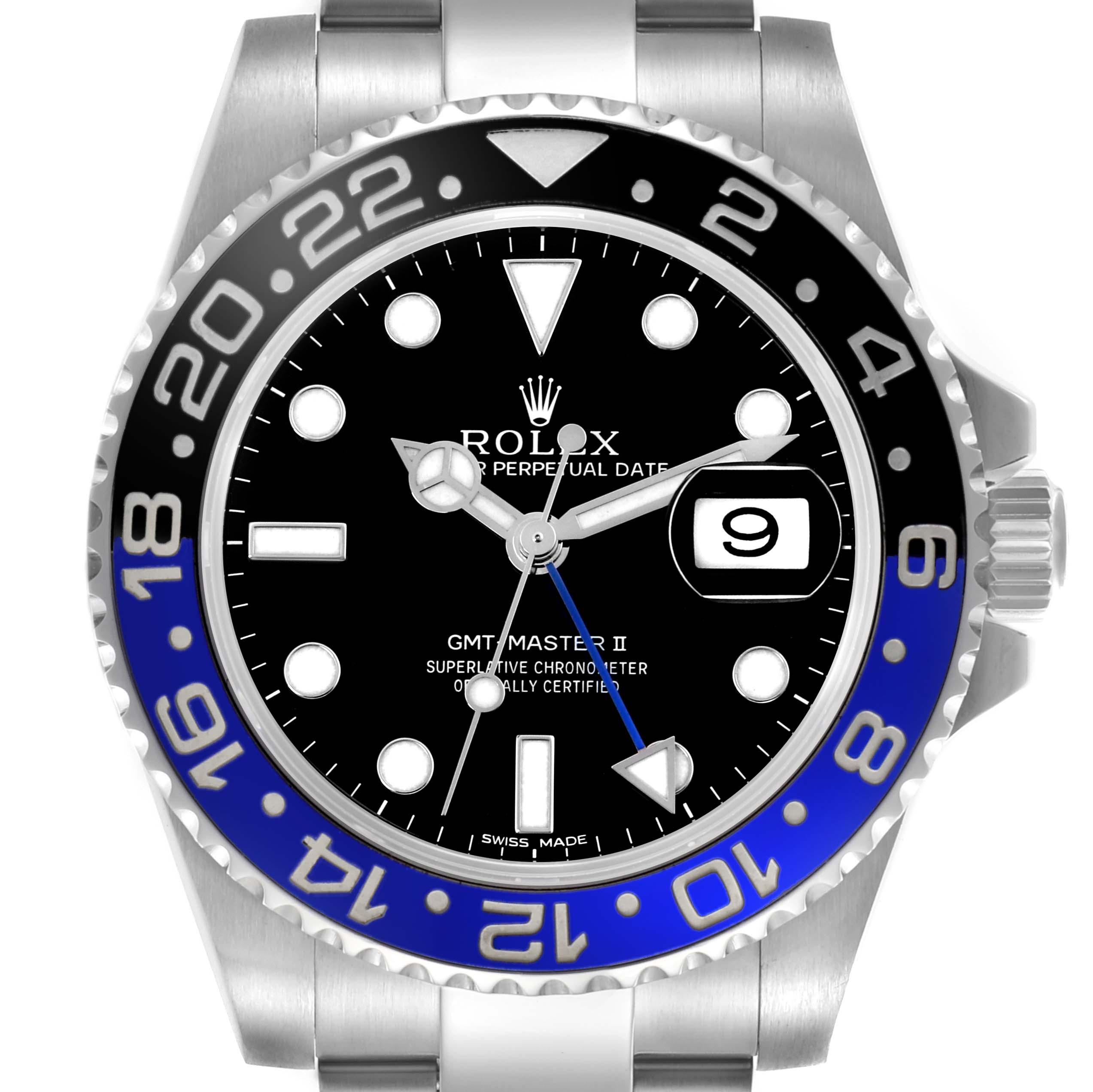 The Rolex GMT-Master 116710BLNR Men's Stainless Steel Black Dial 116710BLNR Men's Stainless Steel Black Dial II watch is shown from a top-down angle, displaying the dial, hands, date, and the two-tone bezel.