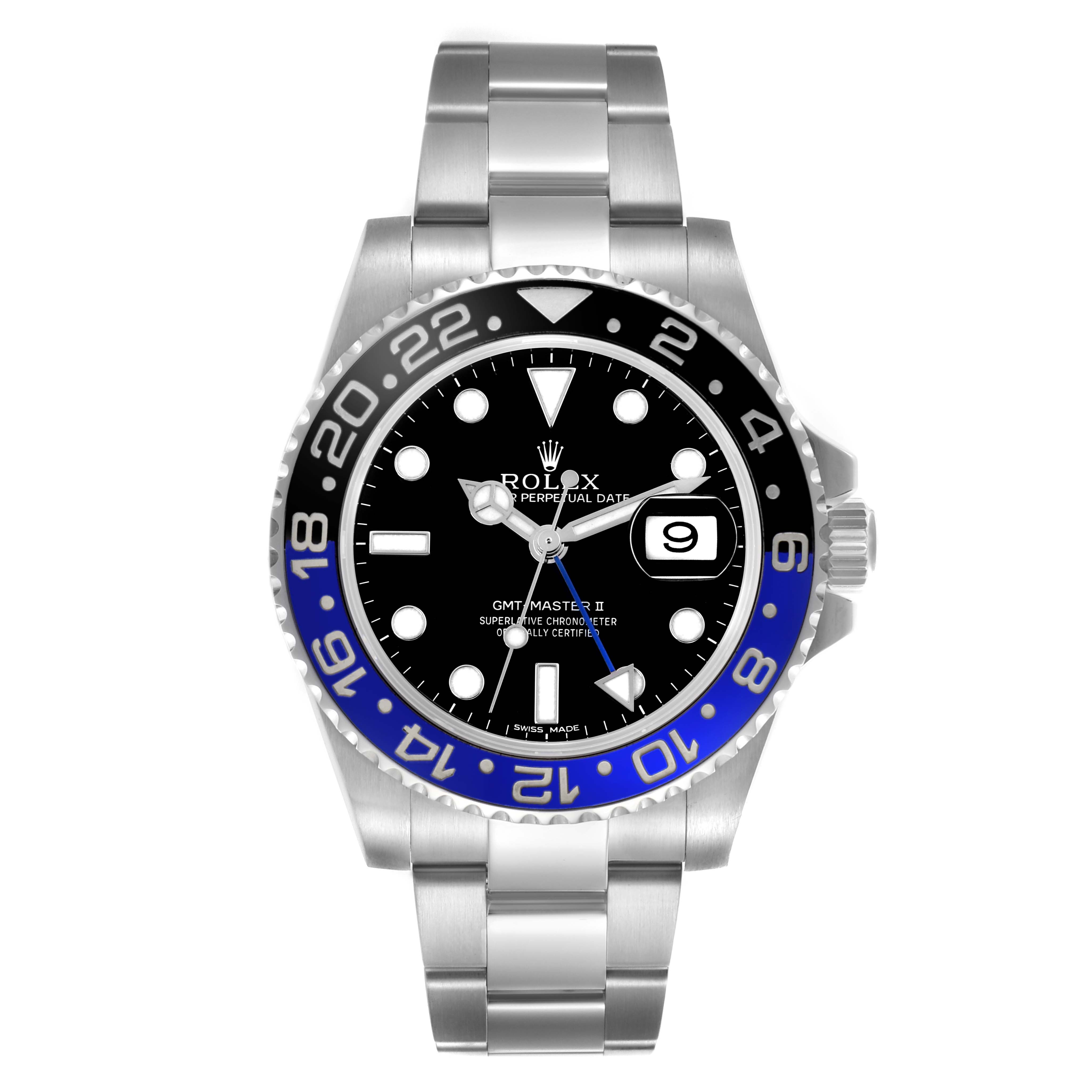 The image shows a front view of the Rolex GMT-Master 116710BLNR Men's Stainless Steel Black Dial 116710BLNR Men's Stainless Steel Black Dial II watch, highlighting the dial, bezel, and bracelet.