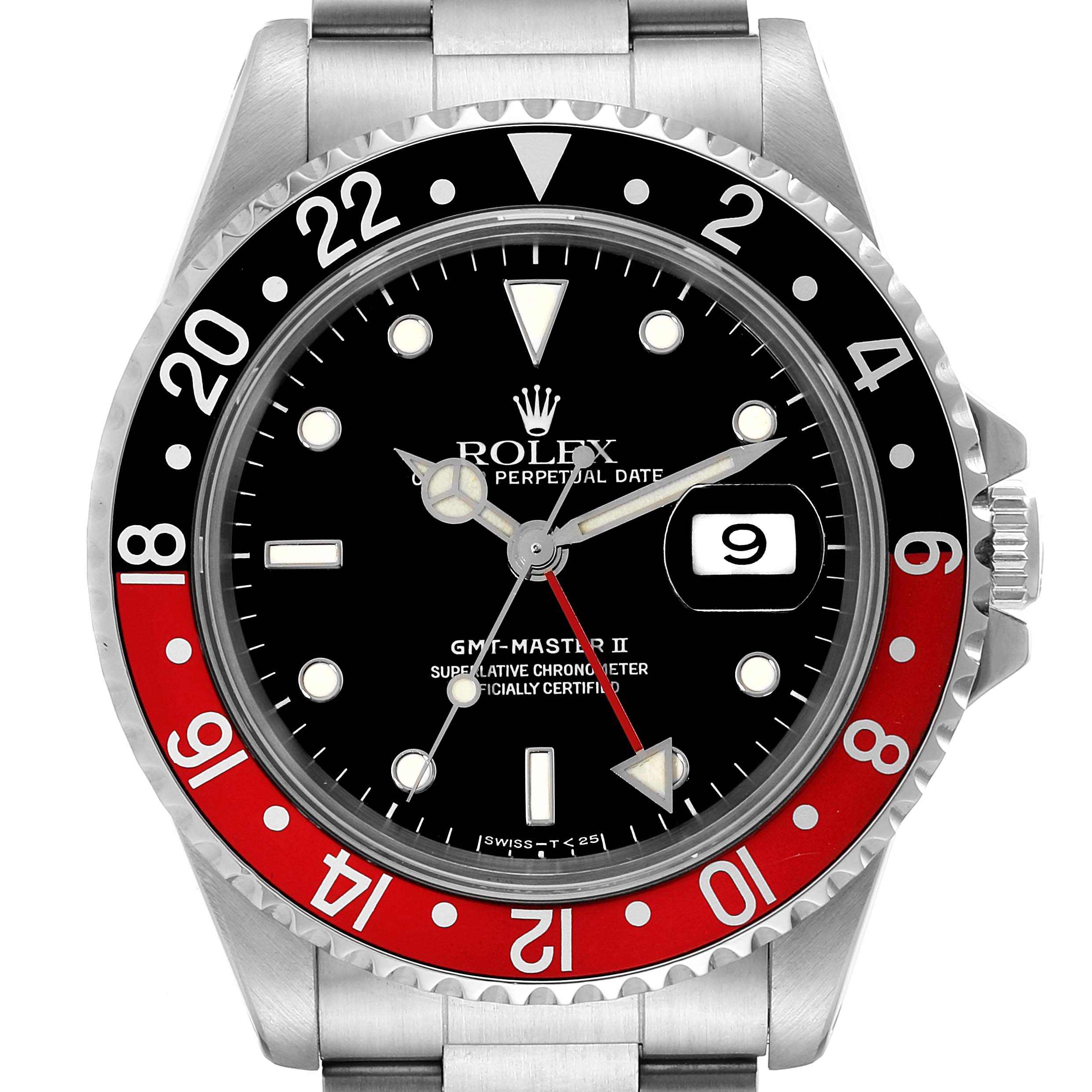 The image shows a top-down view of the Rolex GMT-Master 16710 Men
s Stainless Steel Black Dial 16710 Men
s Stainless Steel Black Dial II watch, highlighting its bezel, dial, hands, and date display.