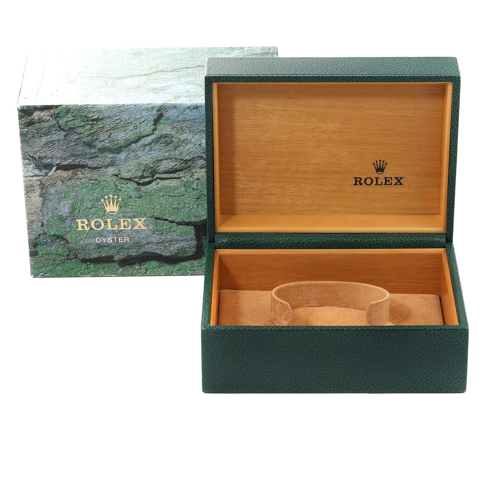 The image shows the open box and outer packaging for the Rolex GMT-Master 16710 Men
s Stainless Steel Black Dial 16710 Men
s Stainless Steel Black Dial watch, displaying the interior and exterior designs.