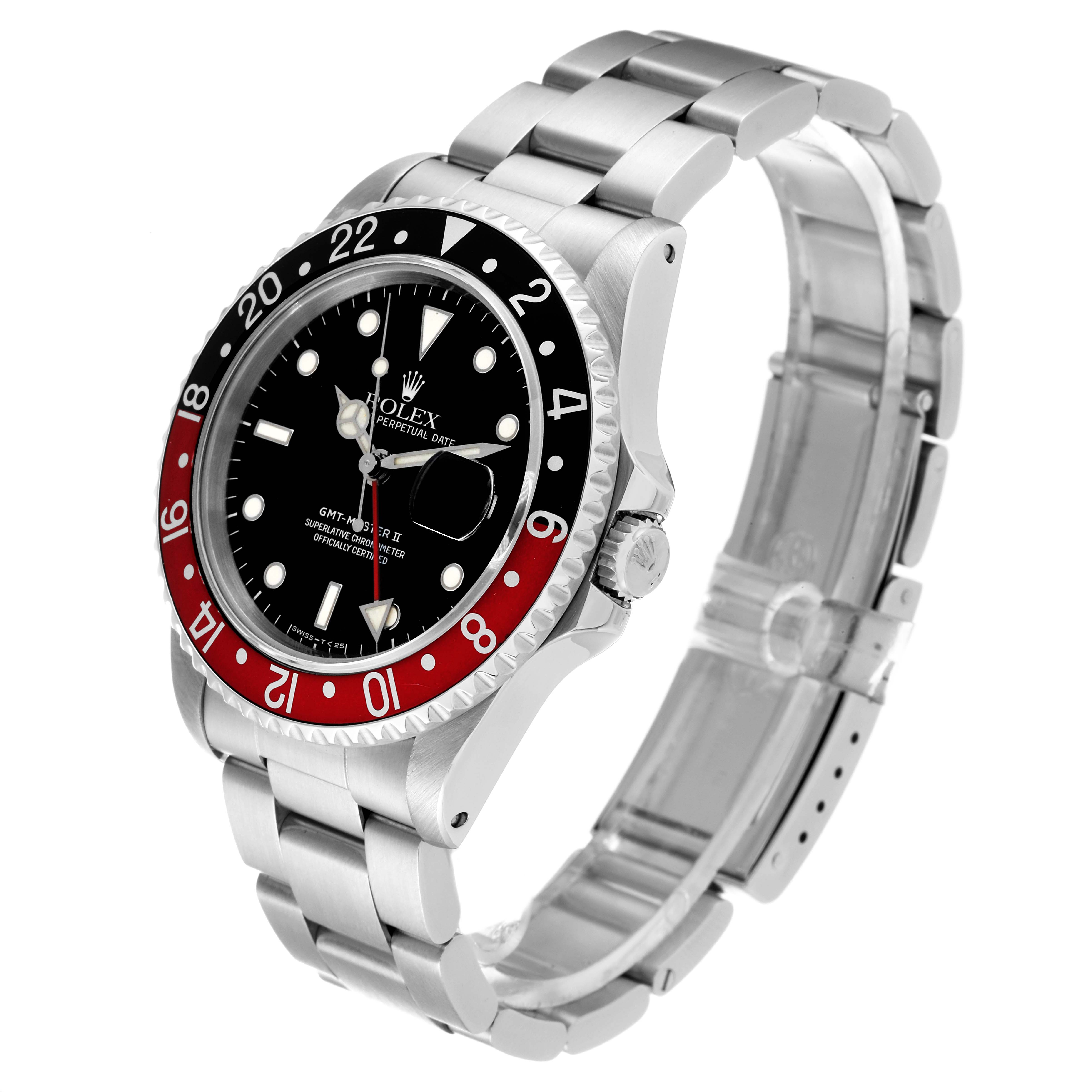 The Rolex GMT-Master 16710 Men
s Stainless Steel Black Dial 16710 Men
s Stainless Steel Black Dial watch is shown at a three-quarter angle, displaying its face, bezel, crown, and steel bracelet.