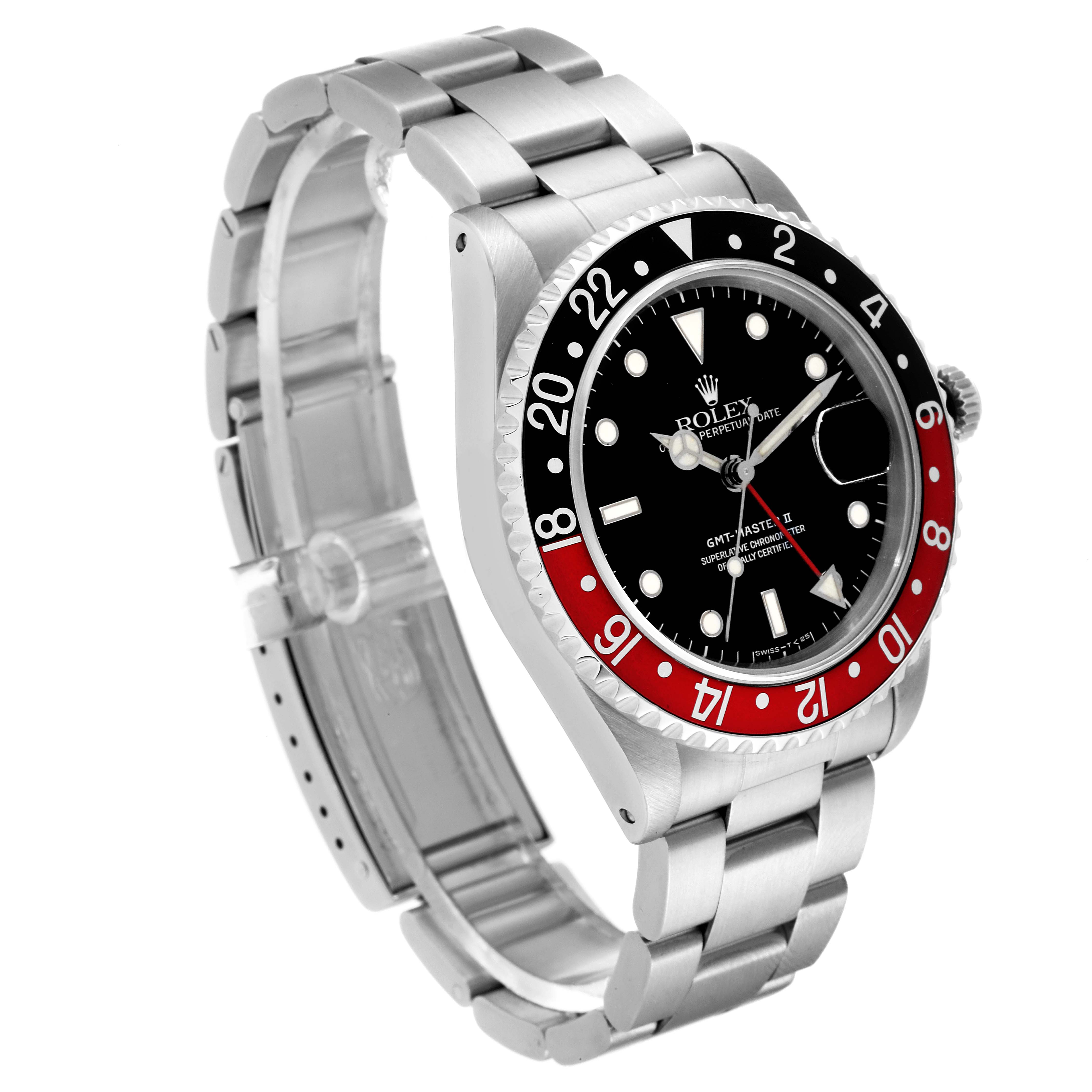 The Rolex GMT-Master 16710 Men
s Stainless Steel Black Dial 16710 Men
s Stainless Steel Black Dial watch is shown at a slight angle, displaying the face, bezel, and stainless steel bracelet.