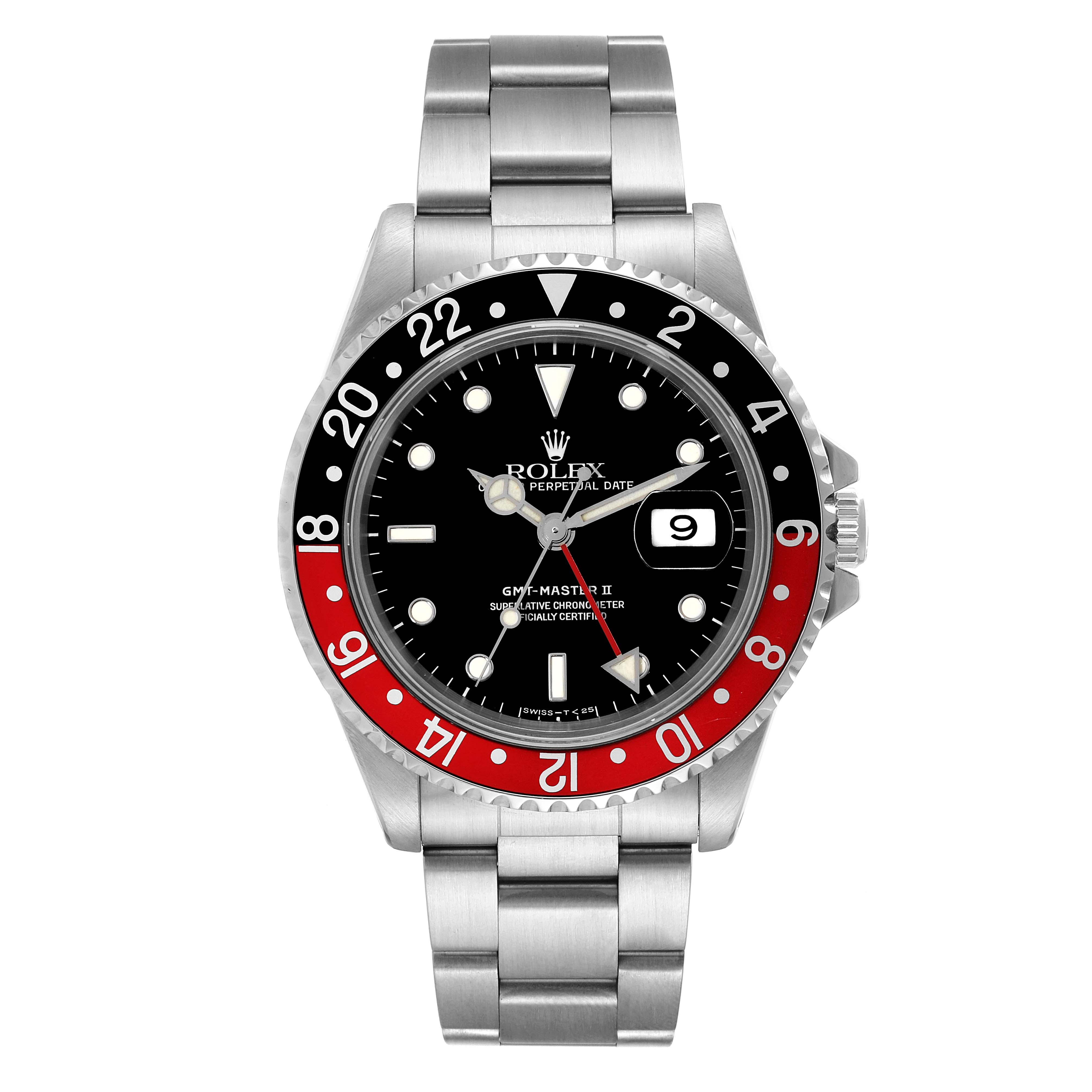 The image shows a front view of a Rolex GMT-Master 16710 Men
s Stainless Steel Black Dial 16710 Men
s Stainless Steel Black Dial II watch, featuring its bezel, dial, bracelet, and crown.