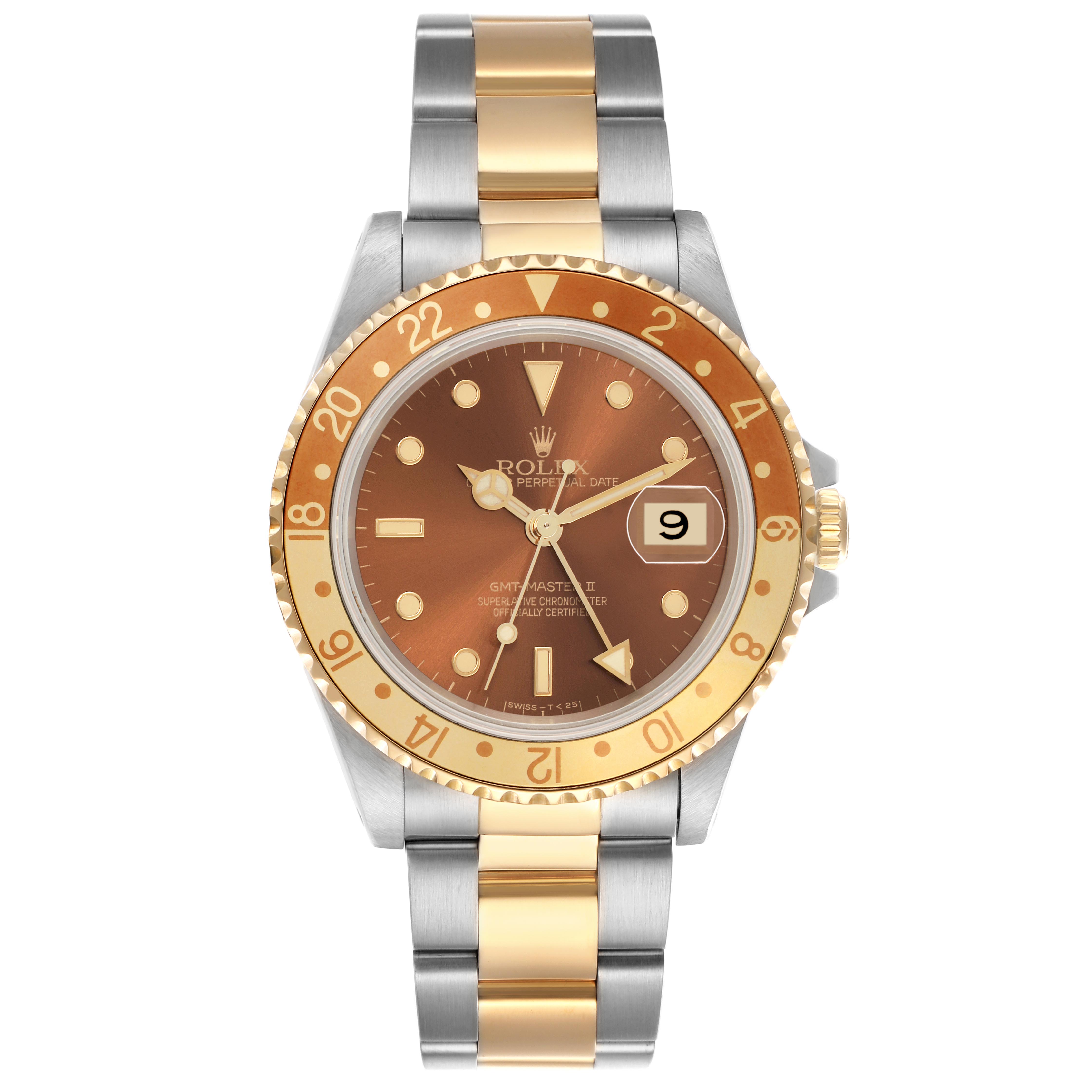 The Rolex GMT-Master 16713 Men's Steel and Gold (two tone) Brown Dial 16713 Men's Steel and Gold (two tone) Brown Dial watch is shown from the front, displaying the dial, bezel, and bracelet.