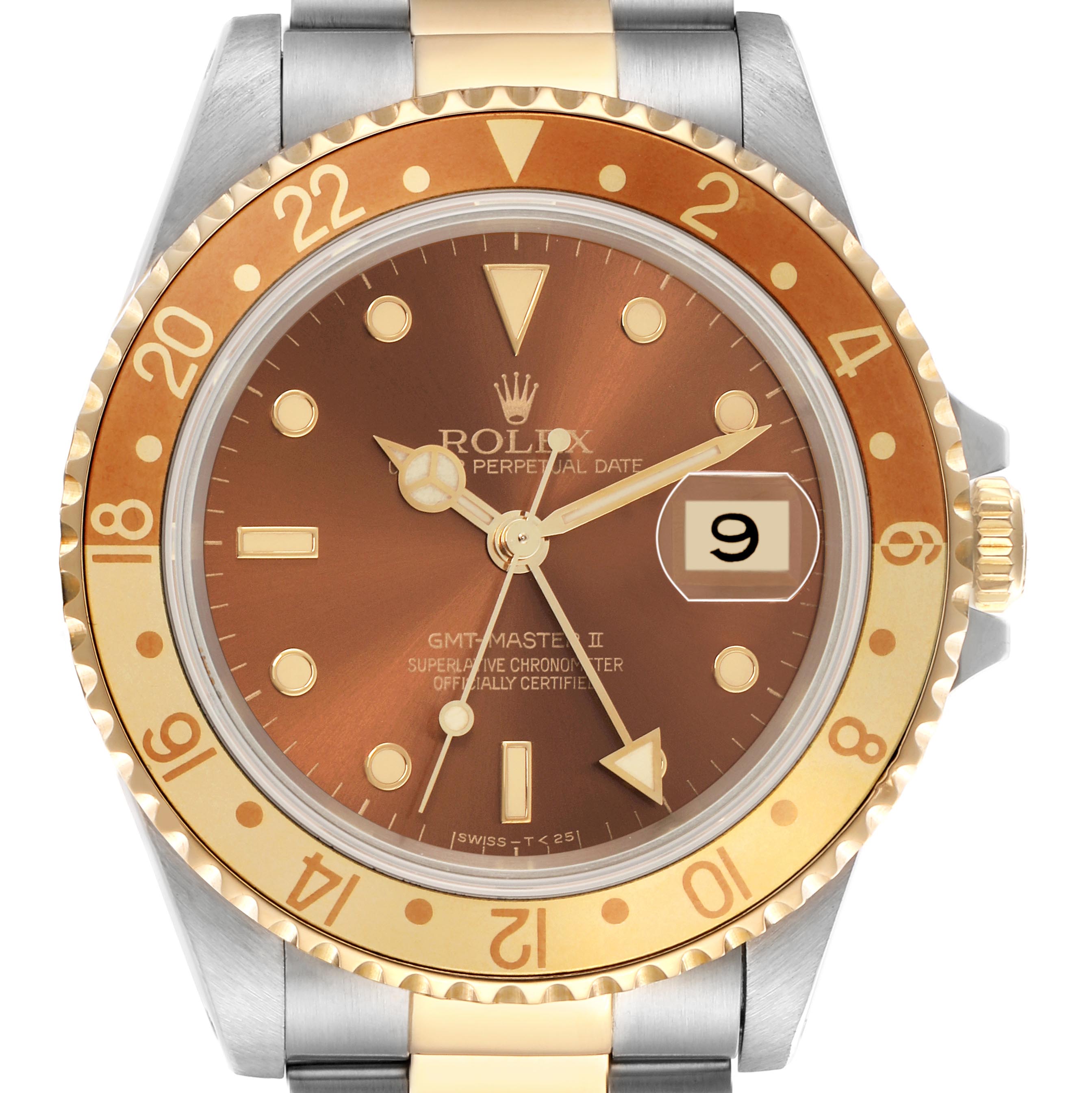 The Rolex GMT-Master 16713 Men's Steel and Gold (two tone) Brown Dial 16713 Men's Steel and Gold (two tone) Brown Dial watch is shown from the front, highlighting its bezel, dial, hands, and part of the bracelet.