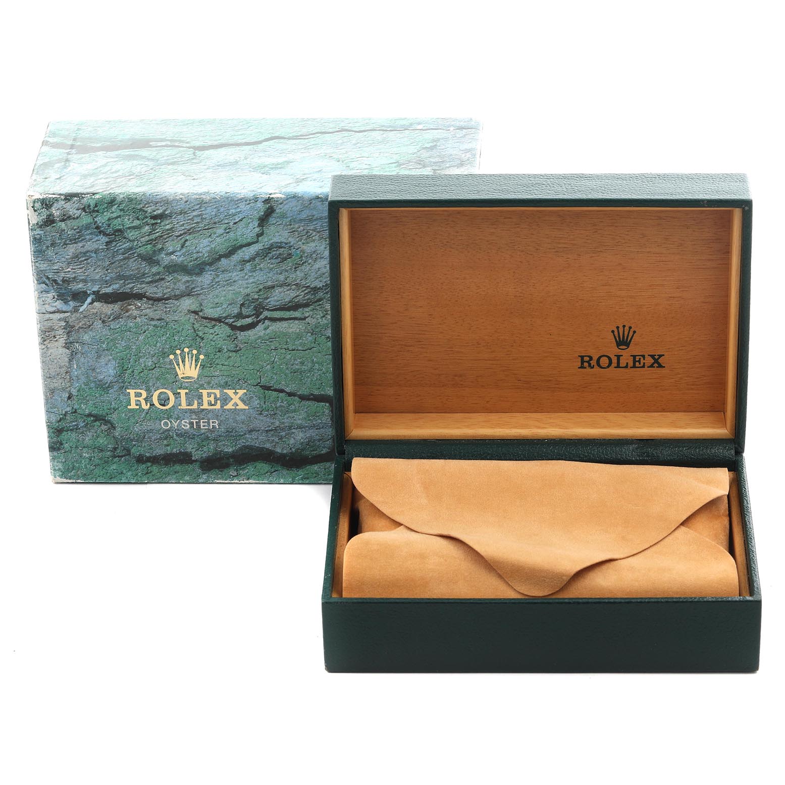 The image shows a Rolex GMT-Master 16713 Men's Steel and Gold (two tone) Brown Dial 16713 Men's Steel and Gold (two tone) Brown Dial box set with an open wooden interior and a cushioned cover, alongside a green textured outer box.