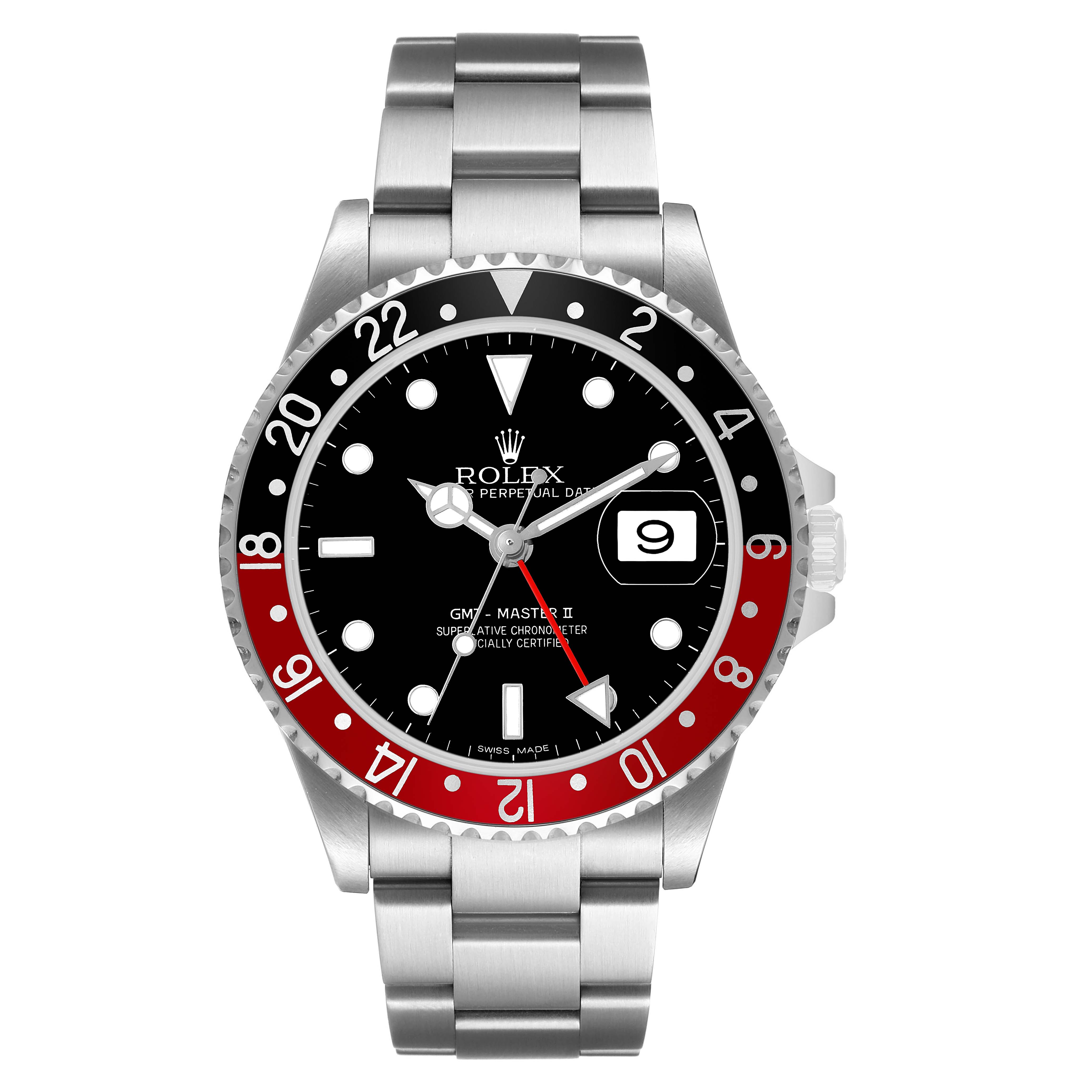 The Rolex GMT-Master 16710 Men's Stainless Steel Black Dial watch is shown from the front, displaying its bezel, dial, hands, and bracelet.