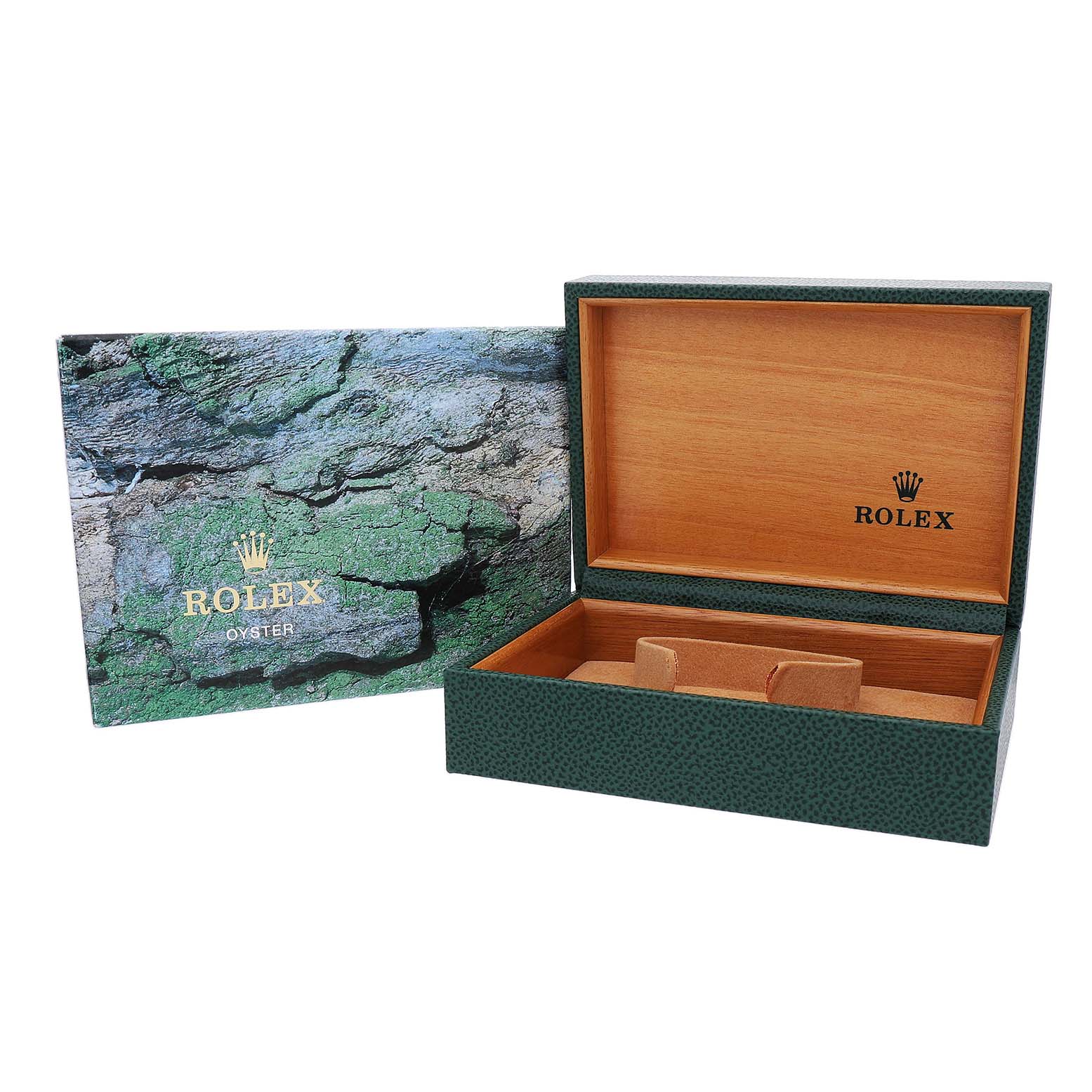 The image shows an open green Rolex box with a wooden interior for the GMT-Master model.