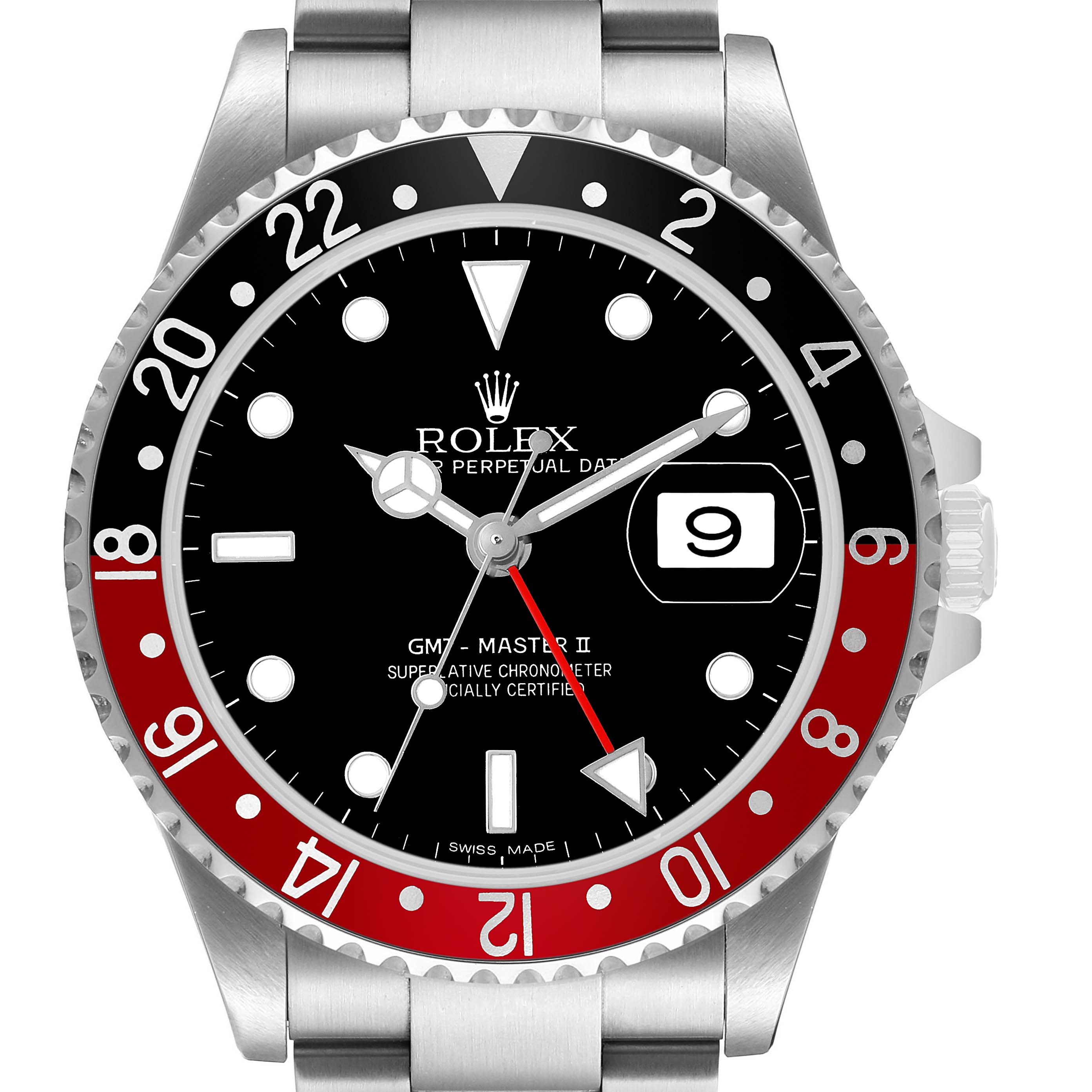 The Rolex GMT-Master 16710 Men's Stainless Steel Black Dial model is shown from a front angle, highlighting the bezel, dial, hands, and date window.