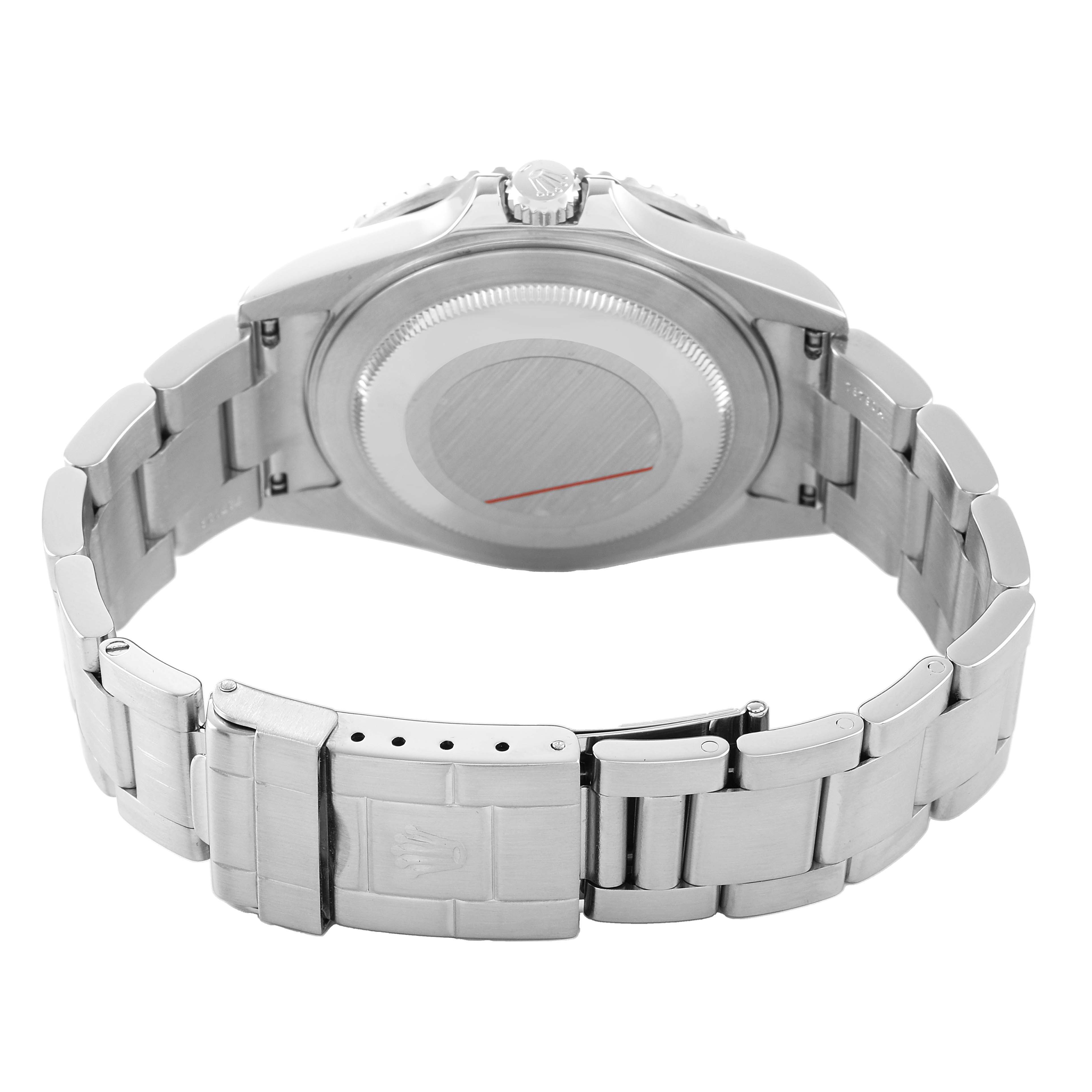 The image shows the back view of the Rolex GMT-Master 16710 Men's Stainless Steel Black Dial watch, emphasizing the case back and bracelet clasp.