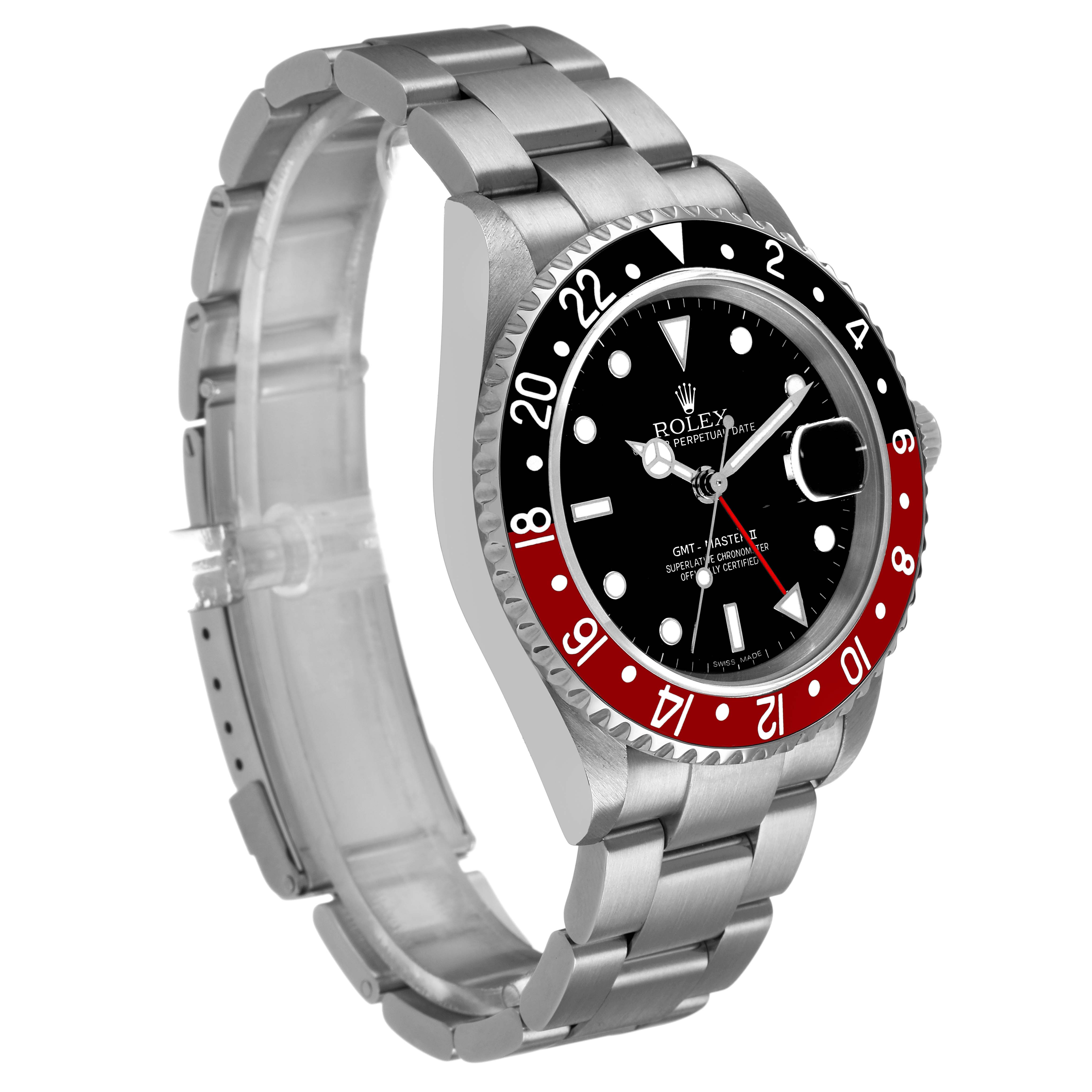 The Rolex GMT-Master 16710 Men's Stainless Steel Black Dial watch is shown at a slight angle, revealing the face, bezel, and bracelet.