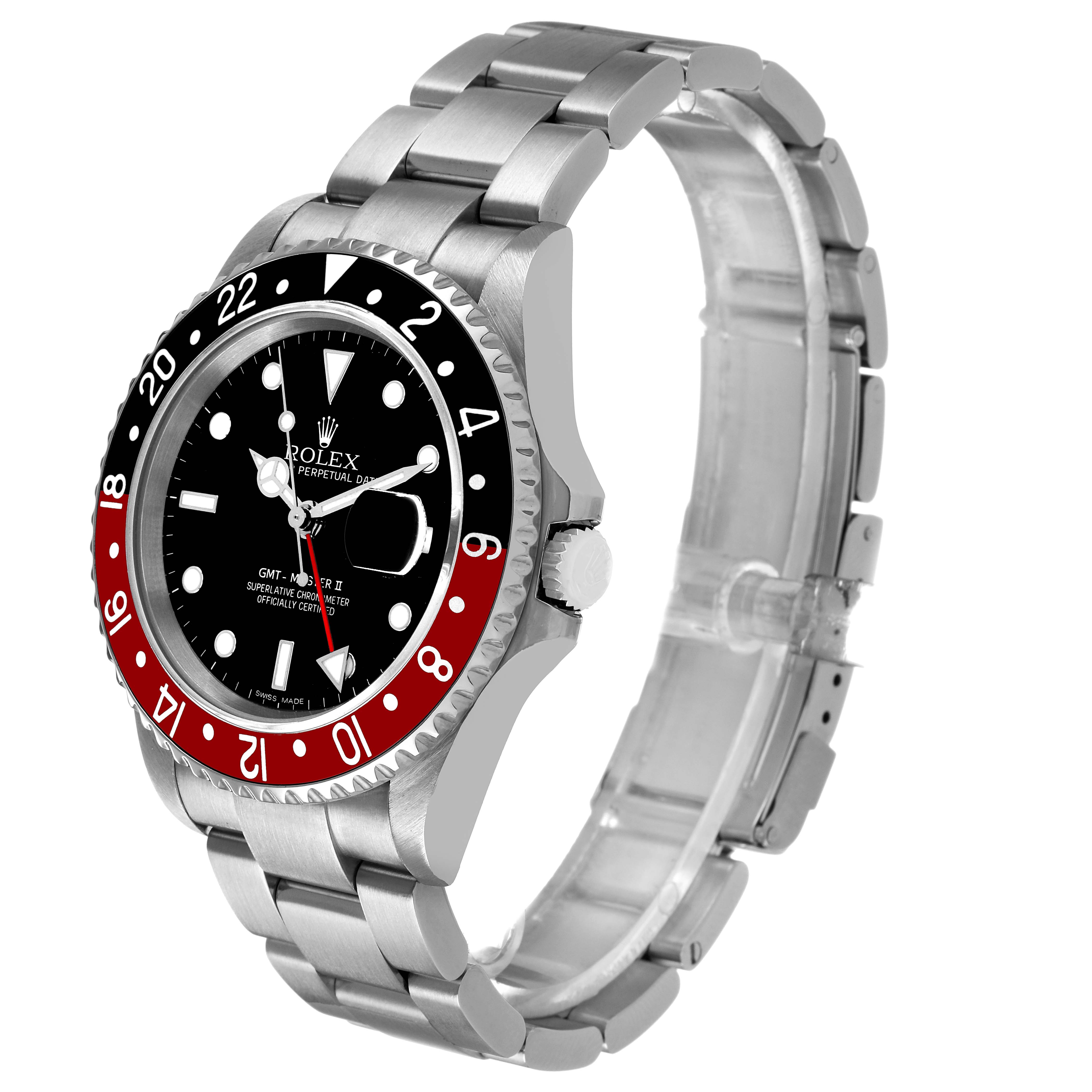 The Rolex GMT-Master 16710 Men's Stainless Steel Black Dial is shown at a three-quarter angle, displaying its bezel, dial, and bracelet.