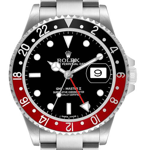 The Rolex GMT-Master 16710 Men's Stainless Steel Black Dial II is shown from the front, highlighting the bezel, dial, and partially the bracelet.