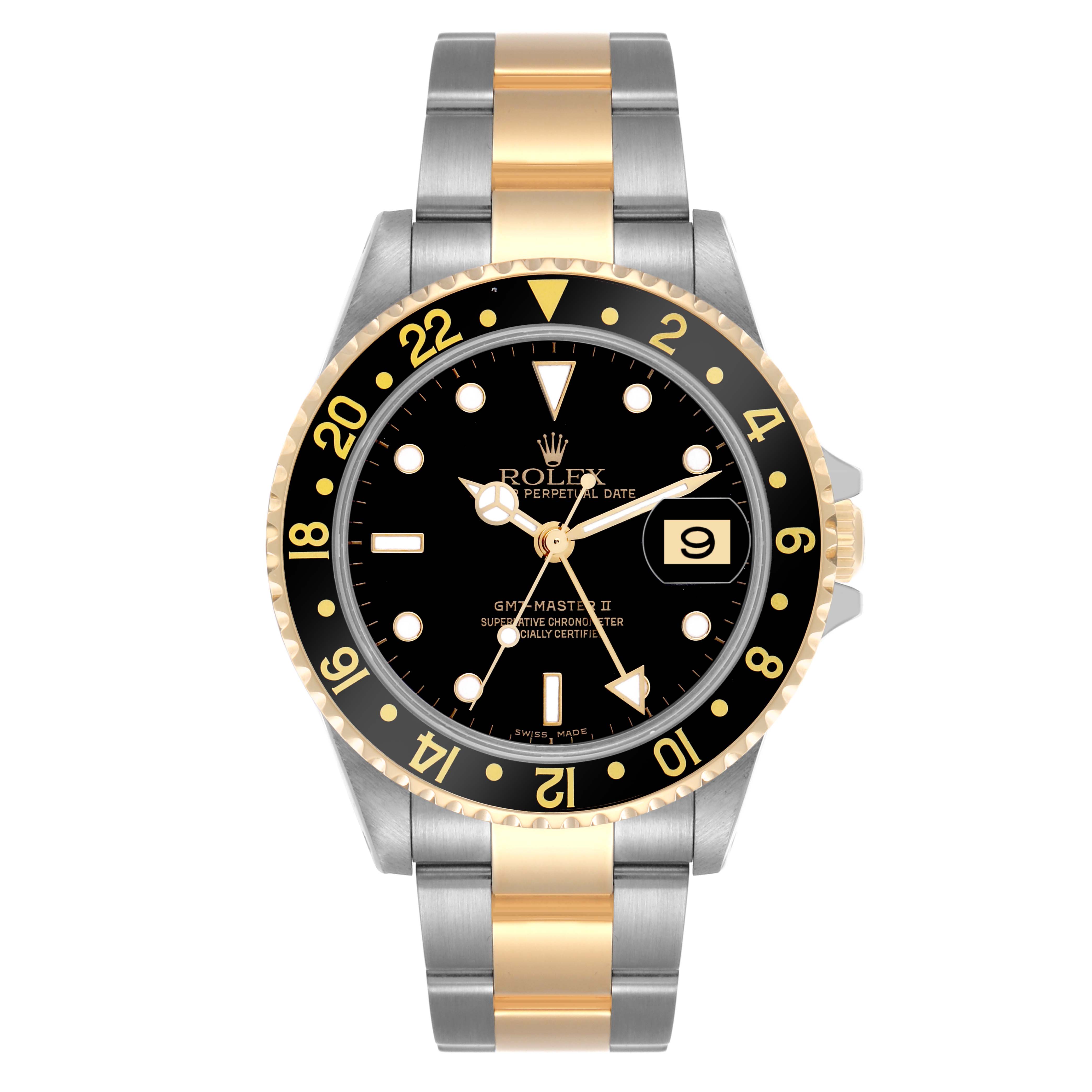 The Rolex GMT-Master 16713LN Men's Steel and Gold (two tone) Black Dial 16713LN Men's Steel and Gold (two tone) Black Dial watch is shown from a top-down angle, highlighting the dial, bezel, and bracelet.