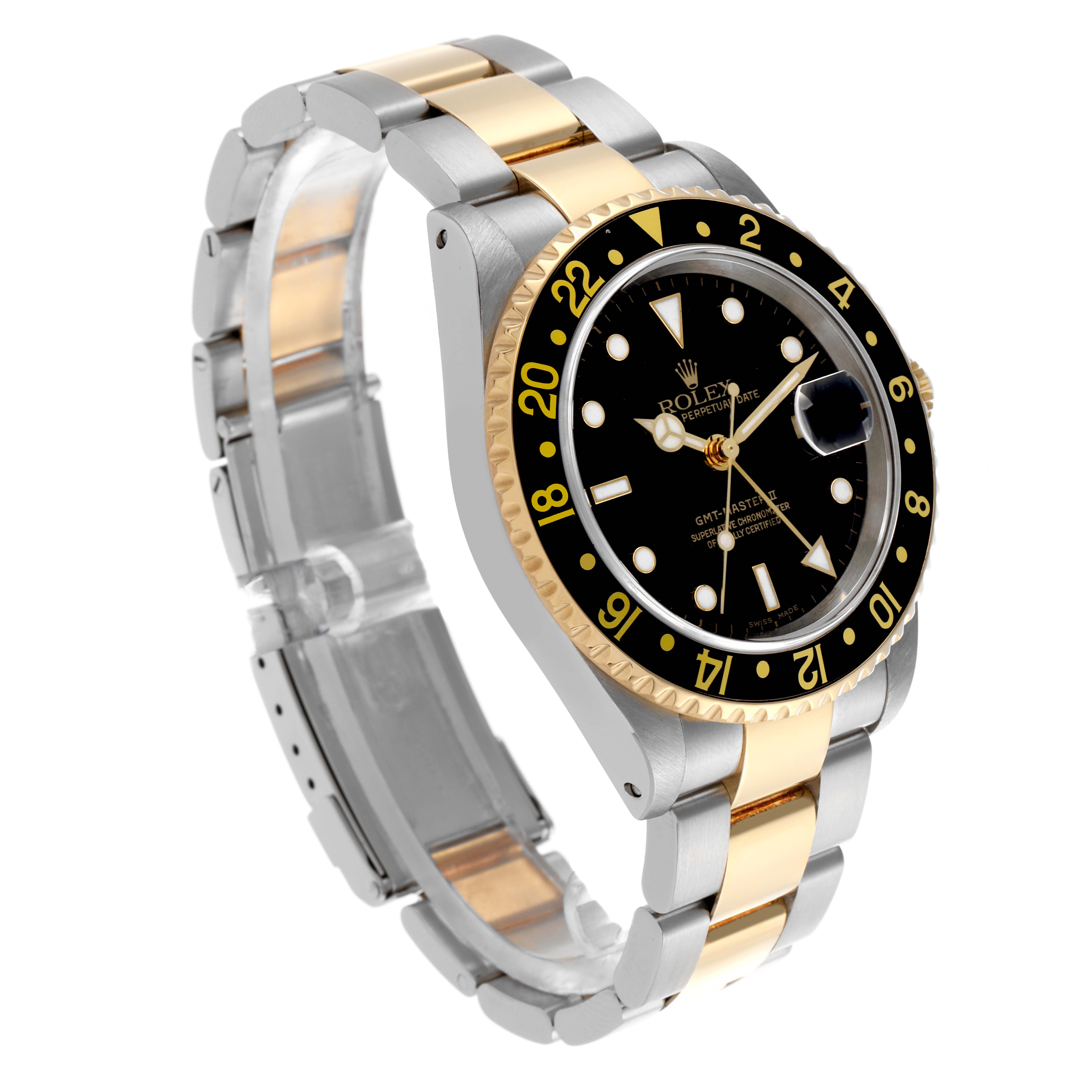 The Rolex GMT-Master 16713LN Men's Steel and Gold (two tone) Black Dial 16713LN Men's Steel and Gold (two tone) Black Dial watch is shown at a three-quarter angle, highlighting the bezel, dial, and two-tone bracelet.